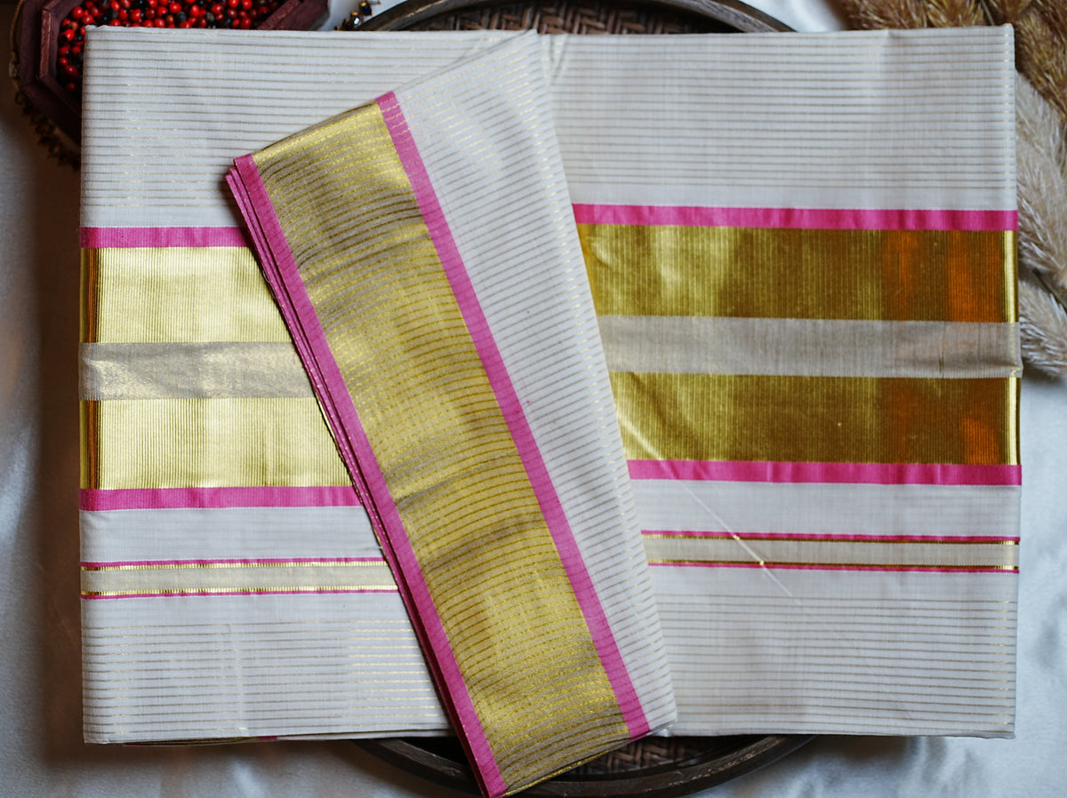 🌸 Classic Golden Stripe Candy Pink Cotton Kerala Saree with Running Blouse ✨ - SAROYA