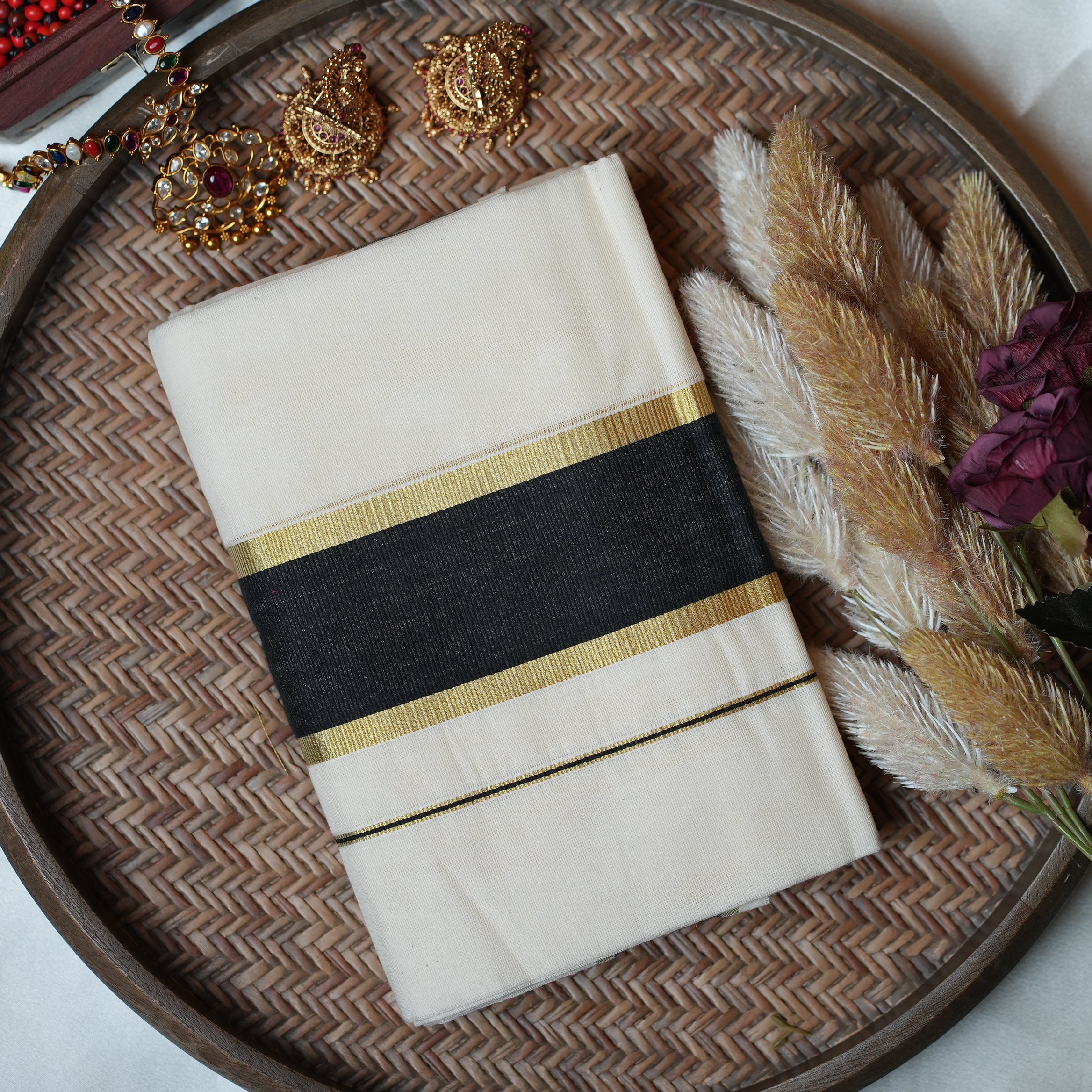 🖤 Classic Jet Black & Lustrous Gold Cotton Kerala Single Set Mundu ✨ - SAROYA