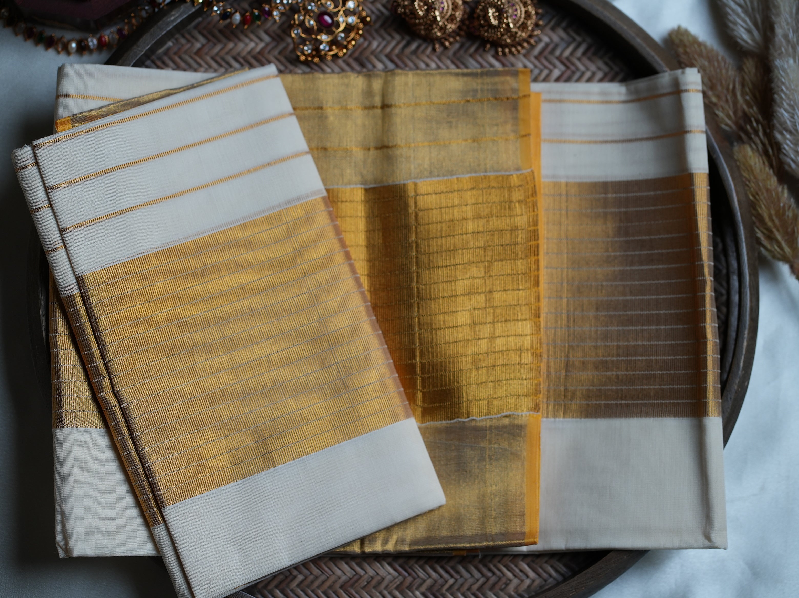 ✨ Classic Off-White & Golden Zari Premium Pure Cotton Handloom Replica Kerala Single Set Mundu 🌾 - SAROYA