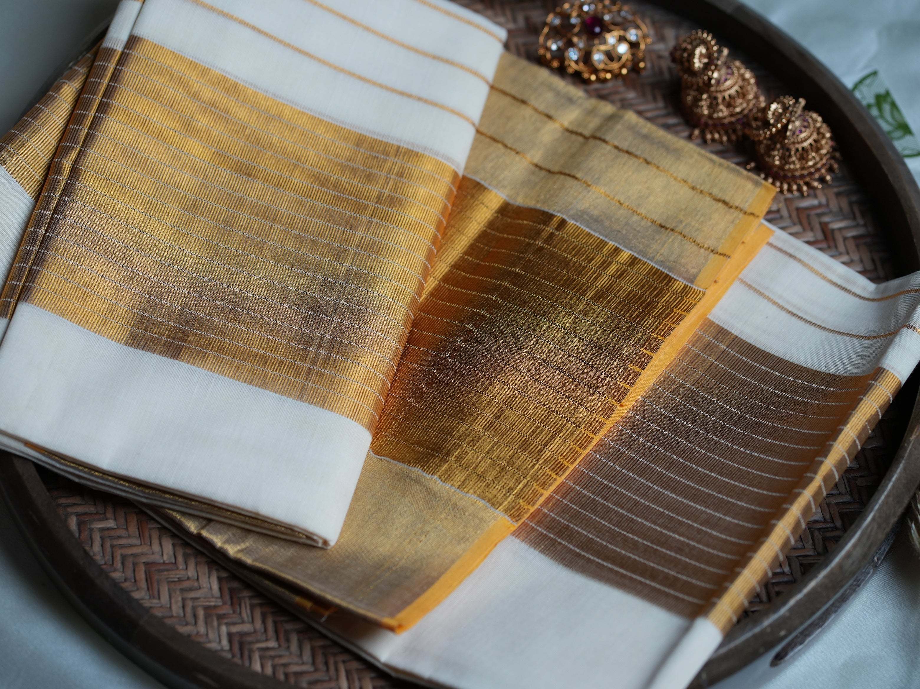 ✨ Classic Off-White & Golden Zari Premium Pure Cotton Handloom Replica Kerala Single Set Mundu 🌾 - SAROYA