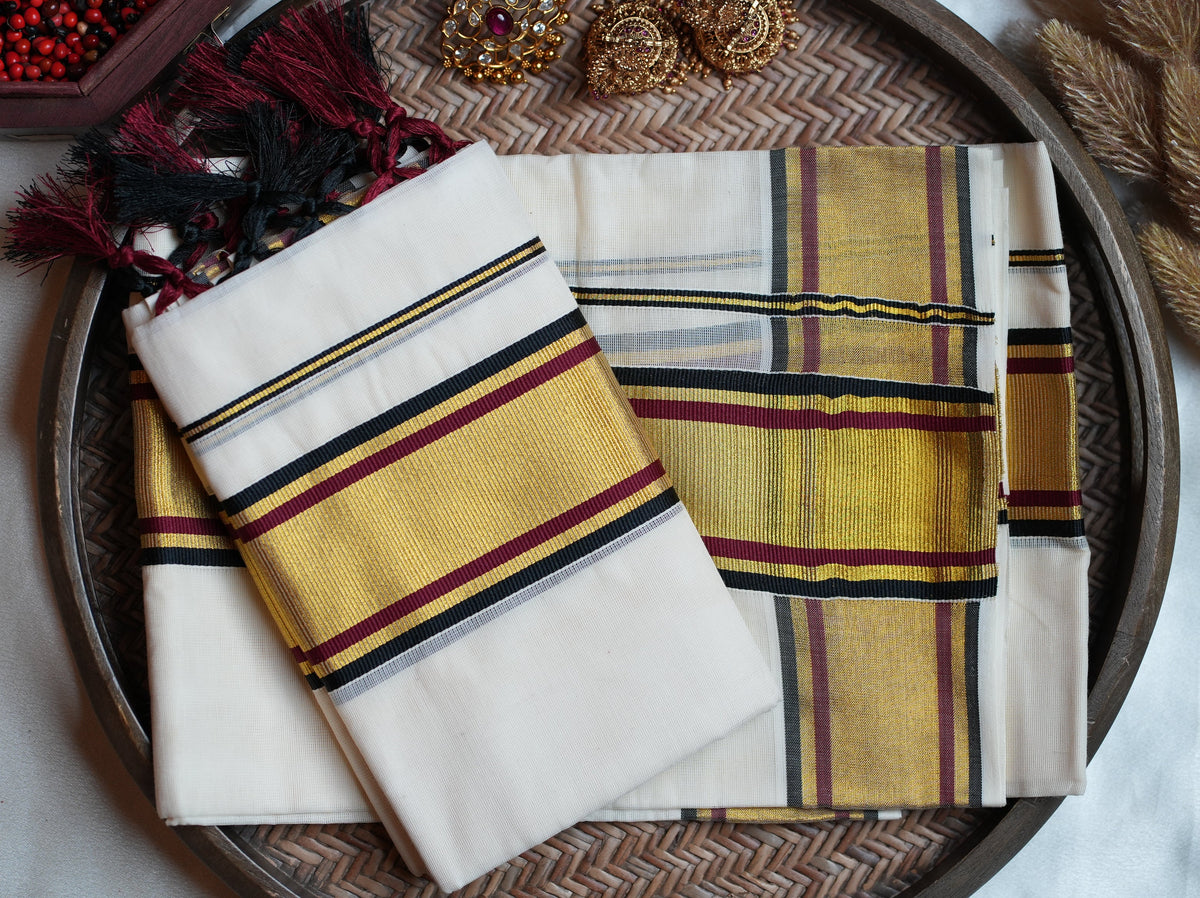 🖤 Classic Off-White Kerala Cotton Single Set Mundu with Maroon, Black & Golden Kasavu Borders ✨🌾 - SAROYA