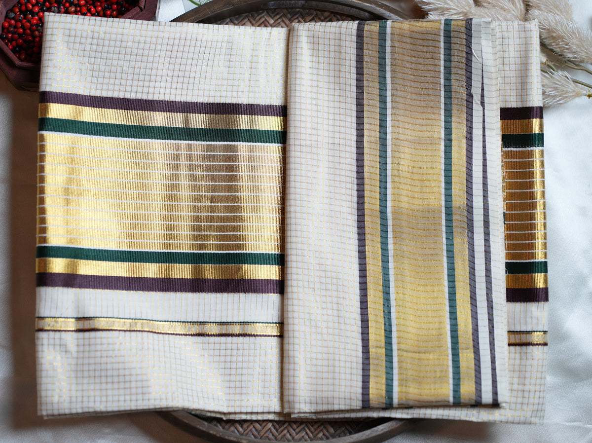 ✨ Cotton Kerala Saree with Gold Zari Checks, Forest Green & Chocolate Brown Borders 🌿 - SAROYA