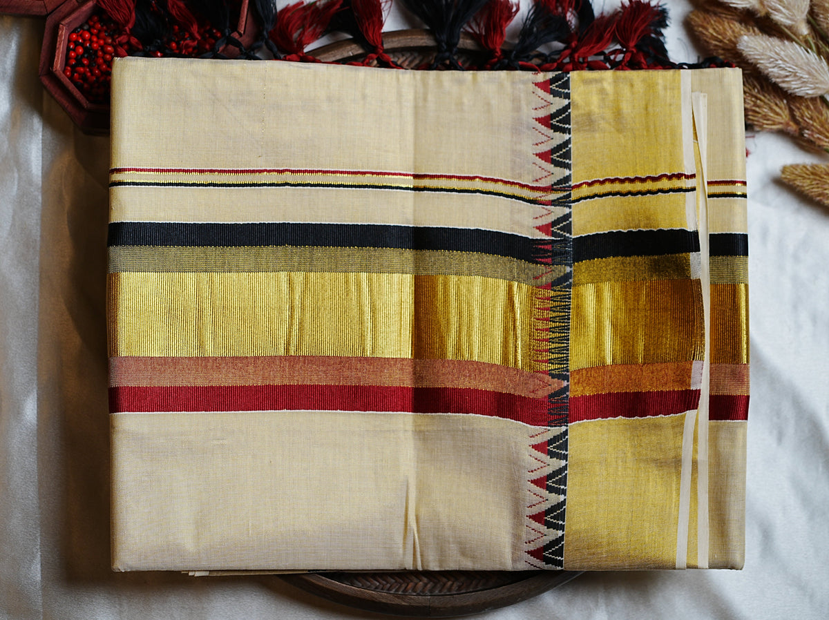 🖤 Crimson, Jet Black & Multi-Tone Border: Premium Tissue Kerala Saree ✨ - SAROYA