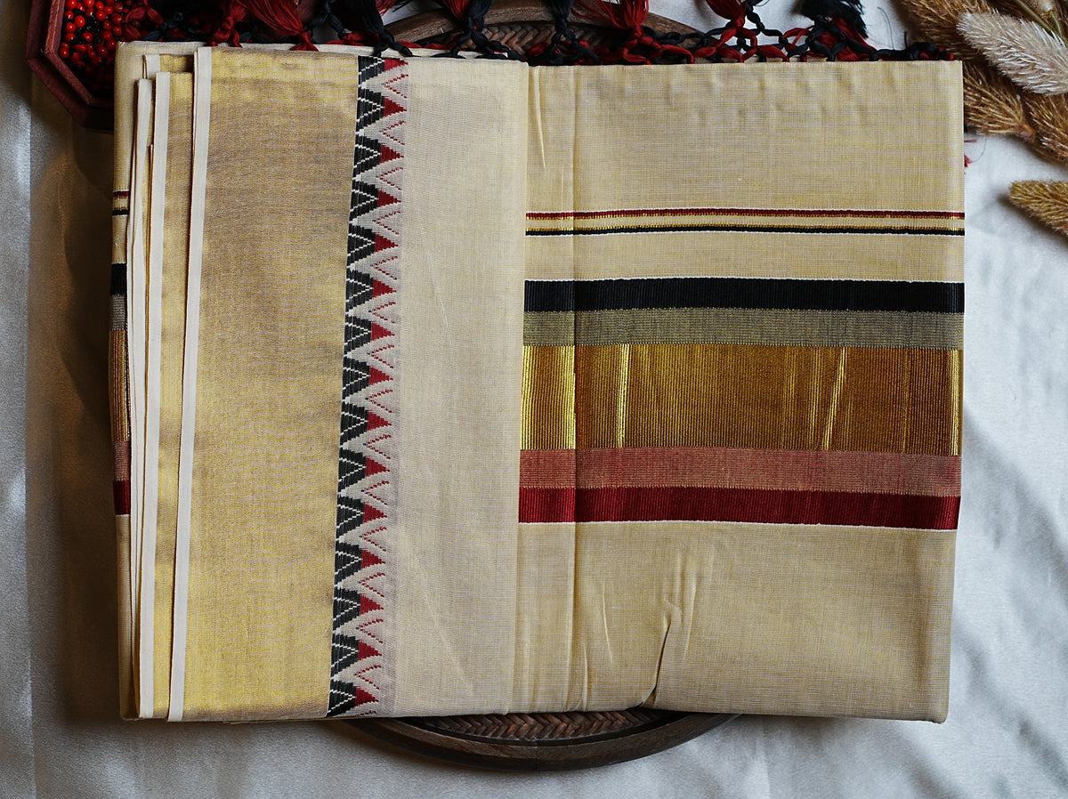🖤 Crimson, Jet Black & Multi-Tone Border: Premium Tissue Kerala Saree ✨ - SAROYA