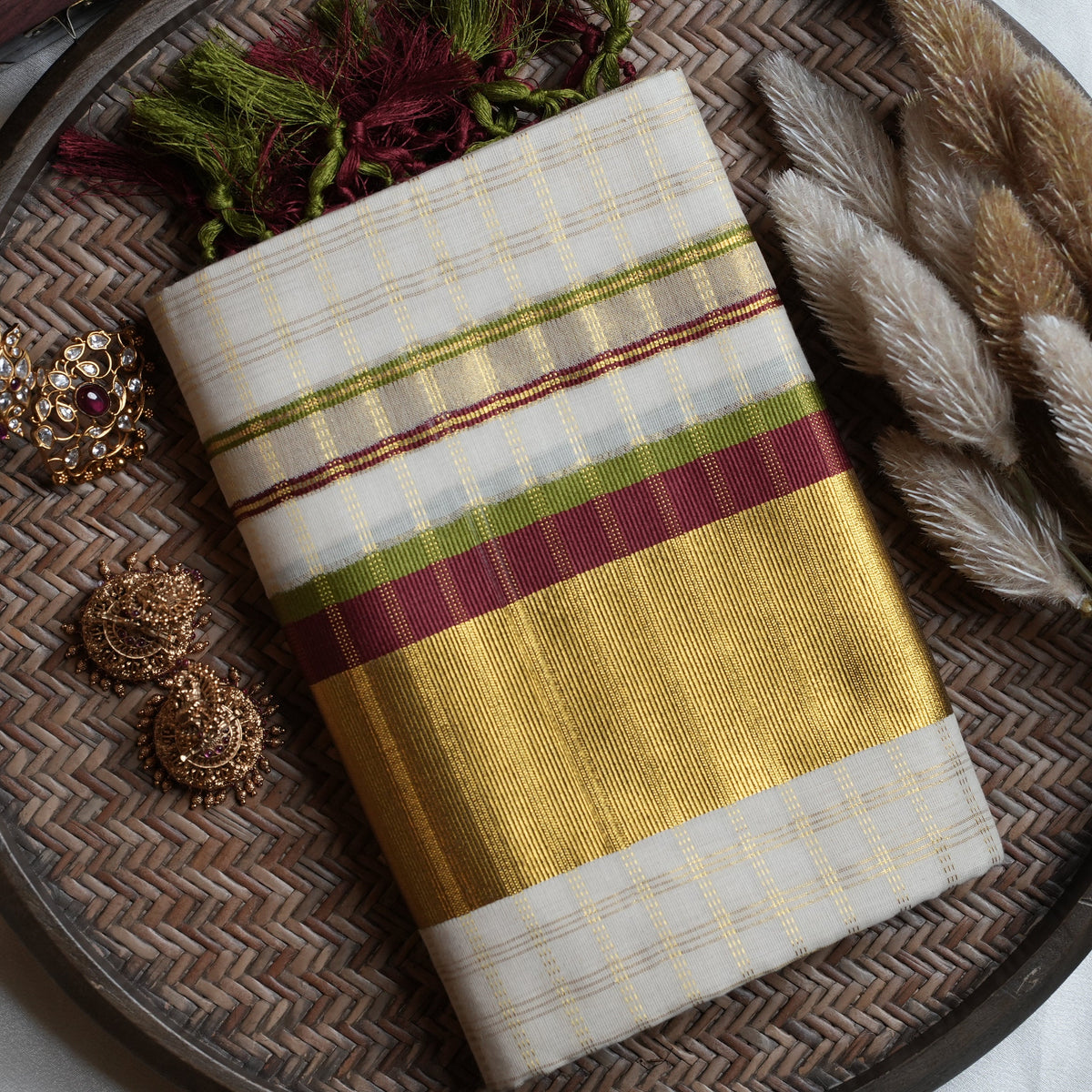 🍒 Crimson & Olive Meadow: Premium Kerala Set Mundu with Gold Checks, Maroon & Olive Green Borders 🌿 - SAROYA