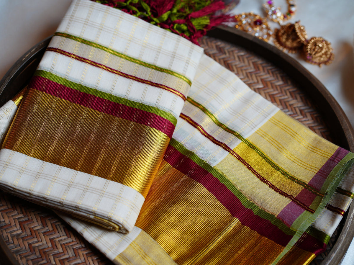 🍒 Crimson & Olive Meadow: Premium Kerala Set Mundu with Gold Checks, Maroon & Olive Green Borders 🌿 - SAROYA
