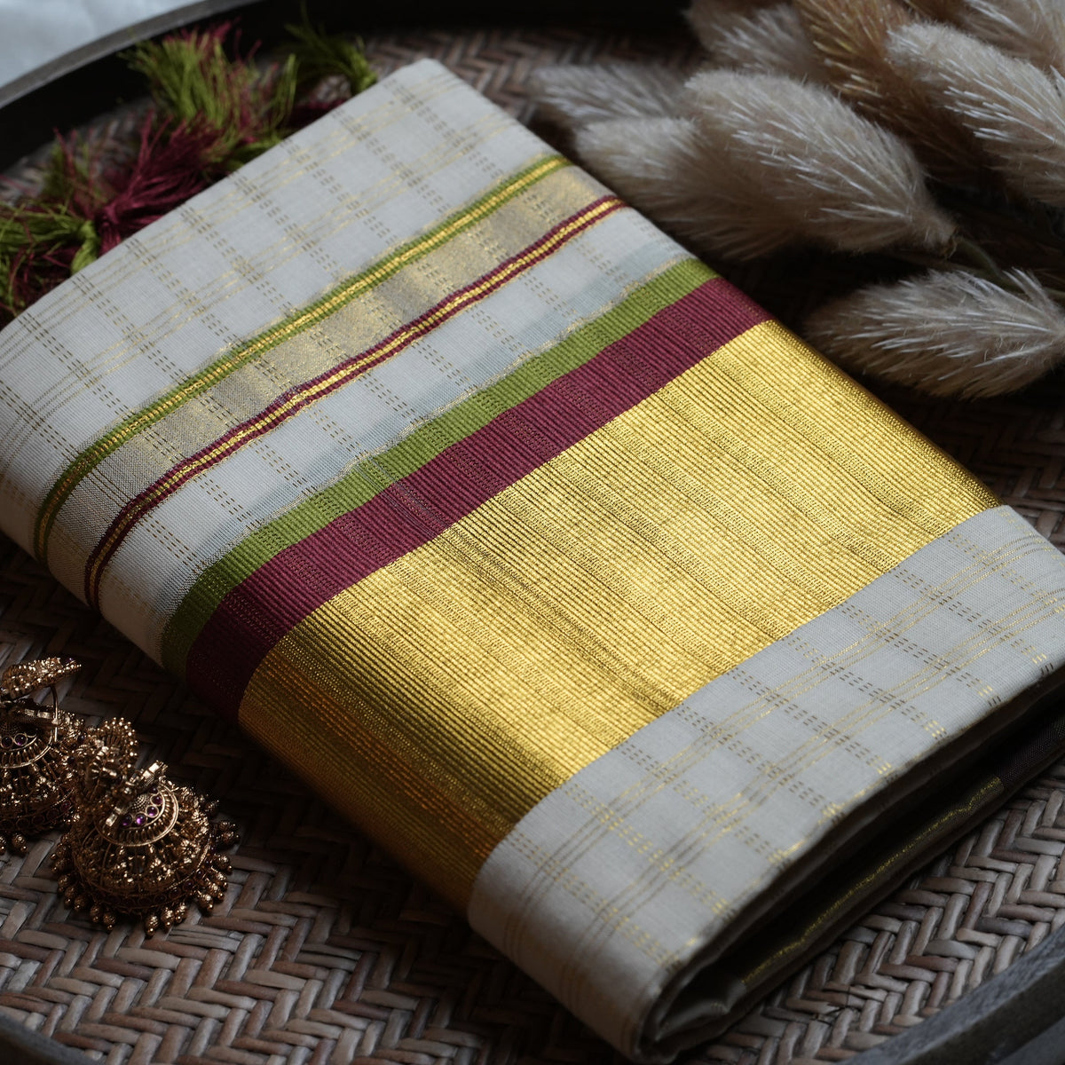🍒 Crimson & Olive Meadow: Premium Kerala Set Mundu with Gold Checks, Maroon & Olive Green Borders 🌿 - SAROYA