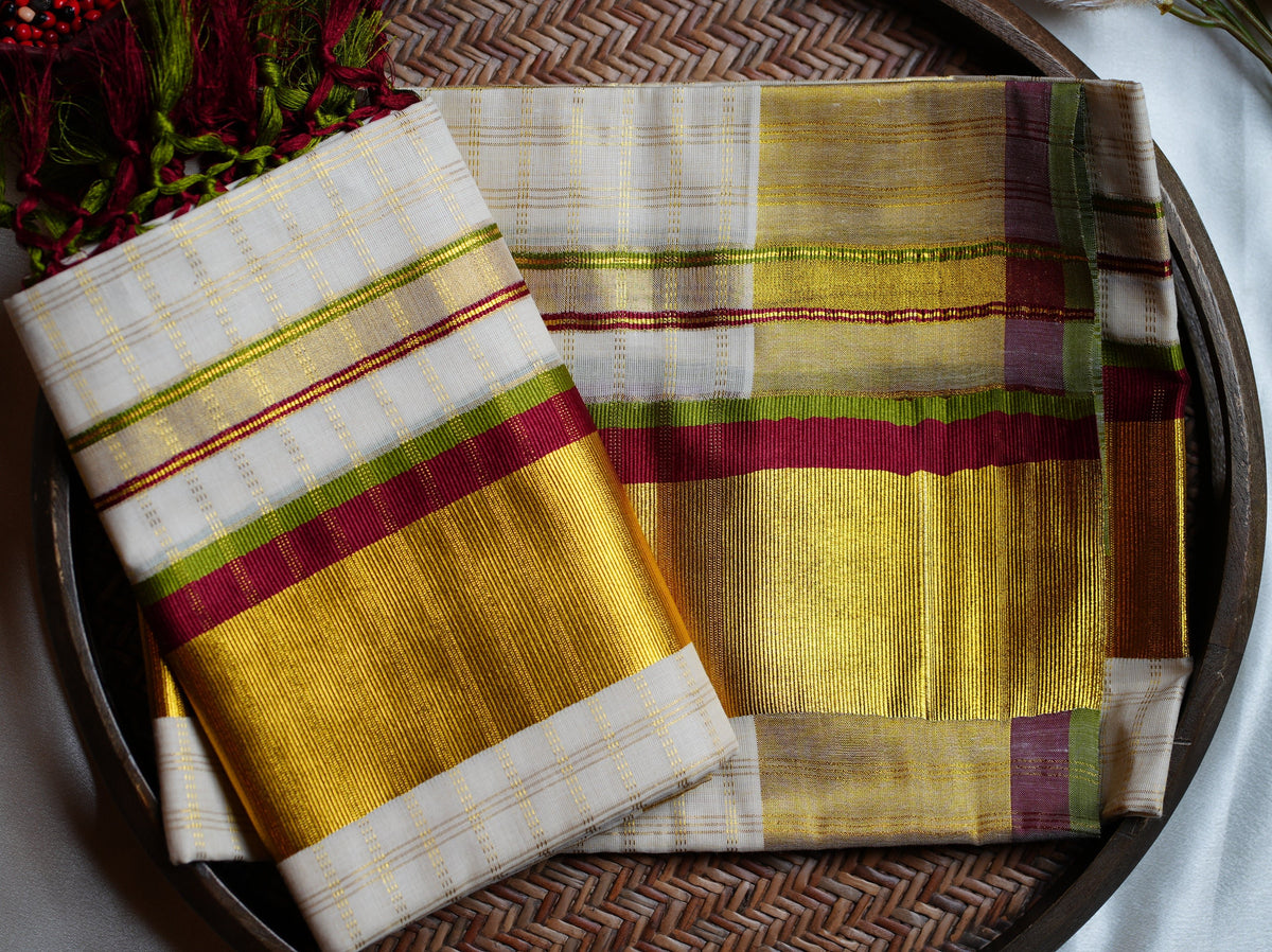 🍒 Crimson & Olive Meadow: Premium Kerala Set Mundu with Gold Checks, Maroon & Olive Green Borders 🌿 - SAROYA