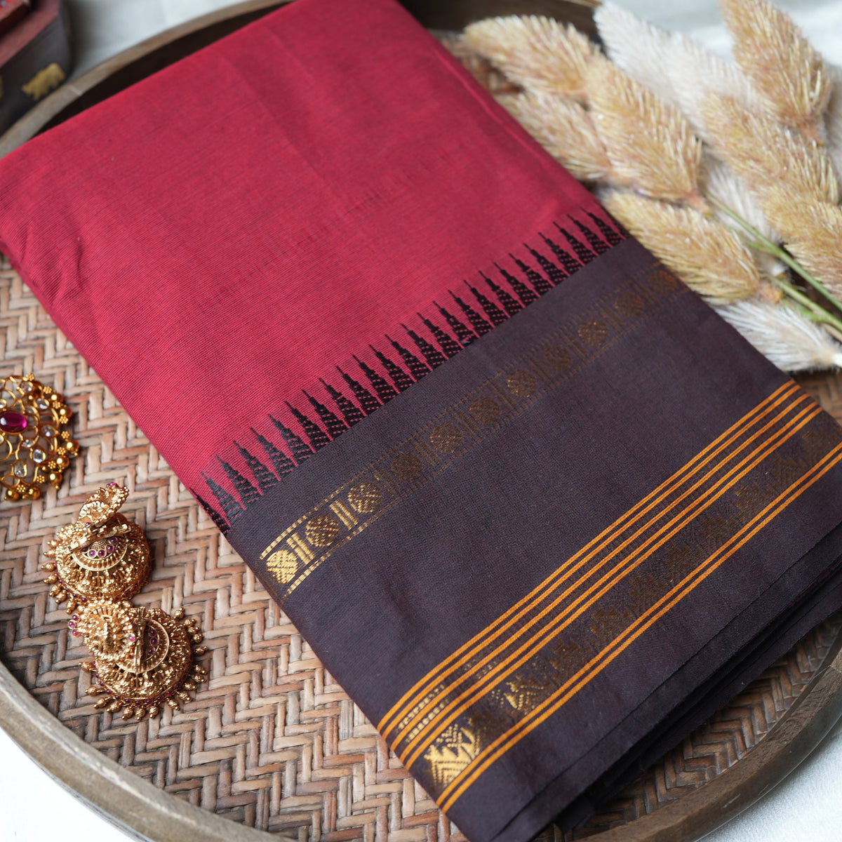Crimson Red Kanchi Cotton Saree with Temple Border - SAROYA