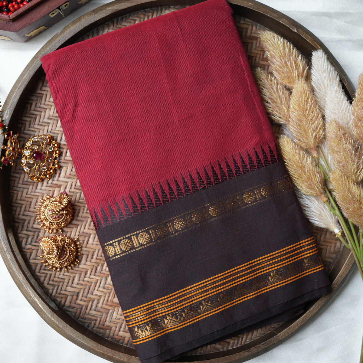 Crimson Red Kanchi Cotton Saree with Temple Border - SAROYA