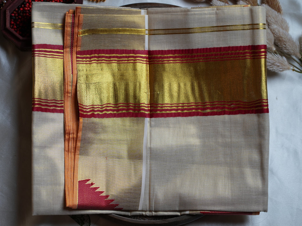 🌹 Crimson Red & Shimmering Kasavu: The Premium Tissue Kerala Saree ✨ - SAROYA