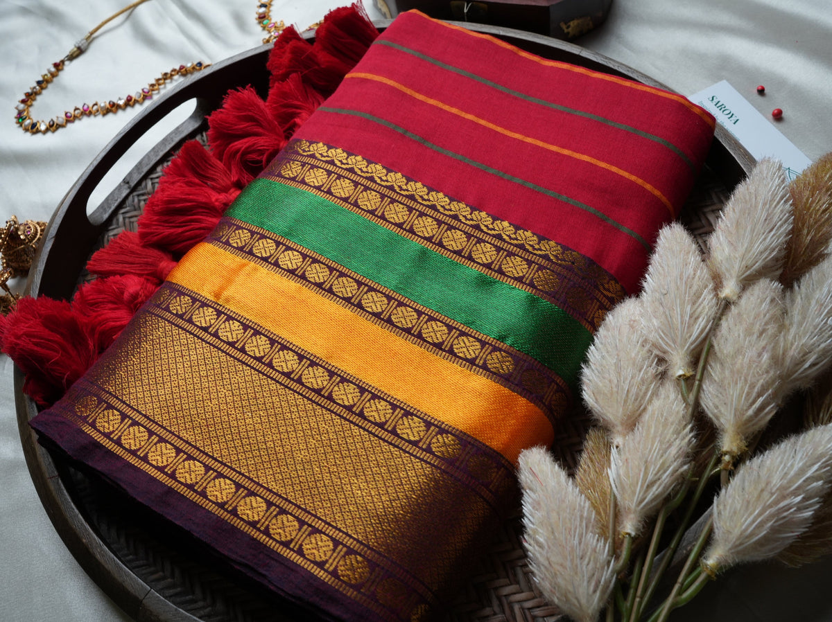 ❤️ Crimson Red Striped Premium Mul Cotton Saree | Temple Zari Border by Saroya ✨🥻💛 - SAROYA