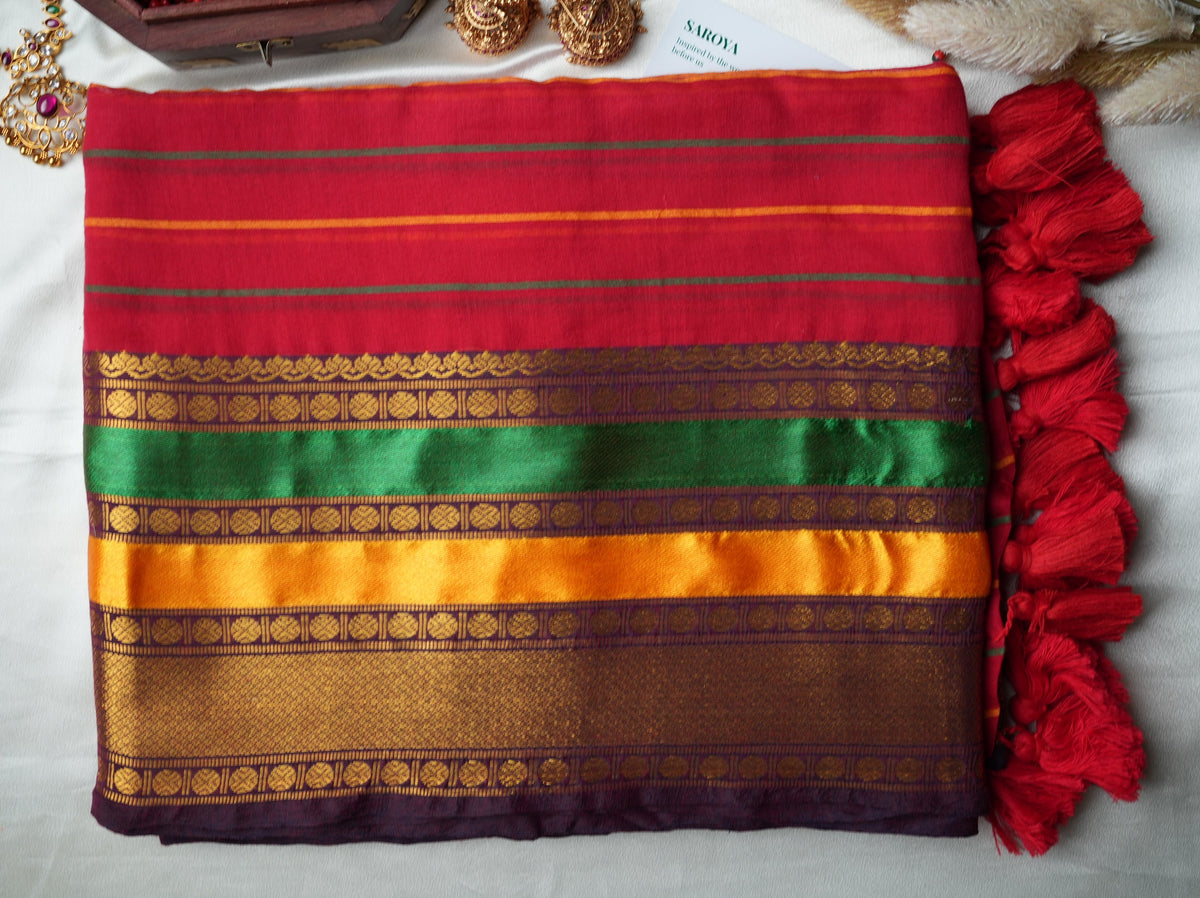 ❤️ Crimson Red Striped Premium Mul Cotton Saree | Temple Zari Border by Saroya ✨🥻💛 - SAROYA