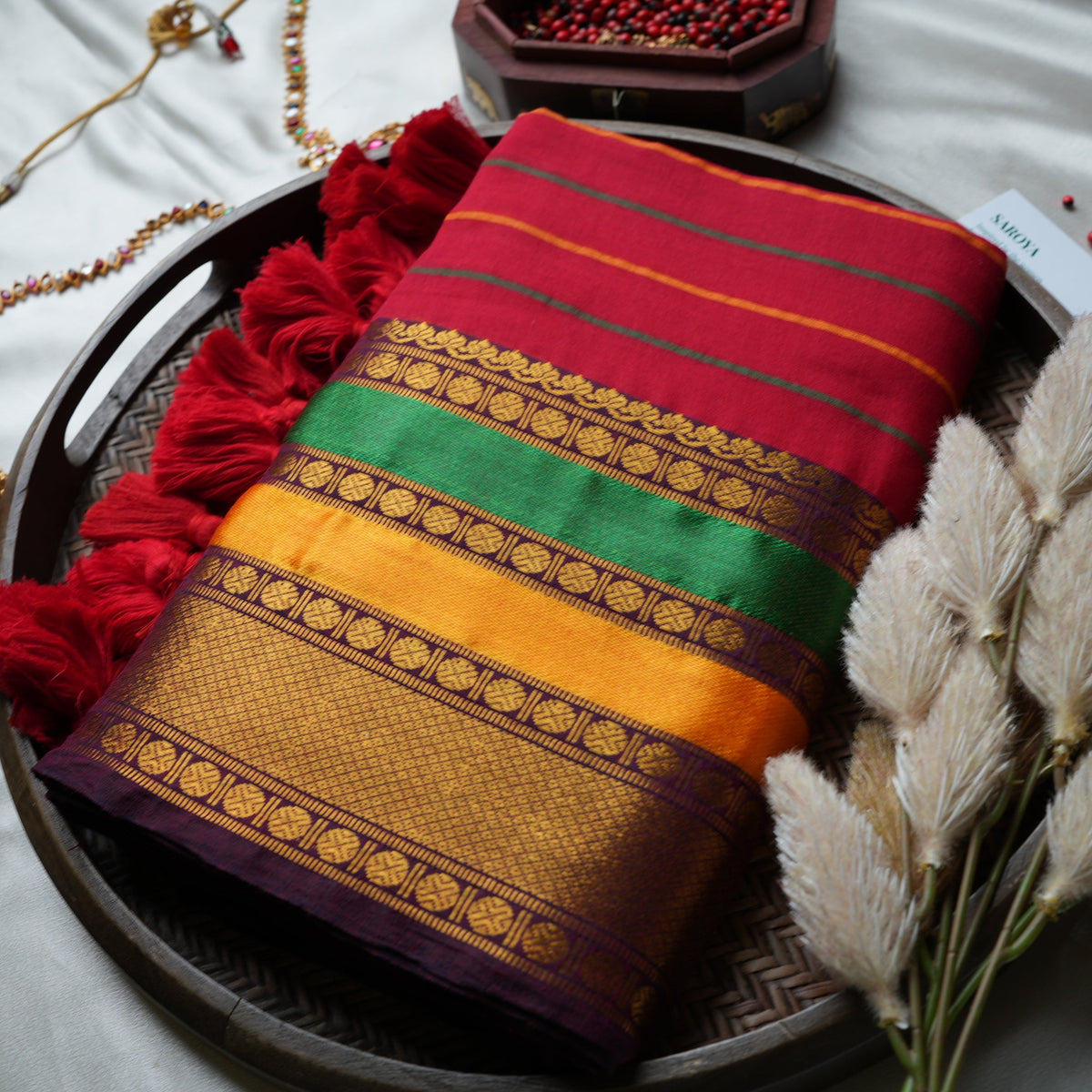 ❤️ Crimson Red Striped Premium Mul Cotton Saree | Temple Zari Border by Saroya ✨🥻💛 - SAROYA