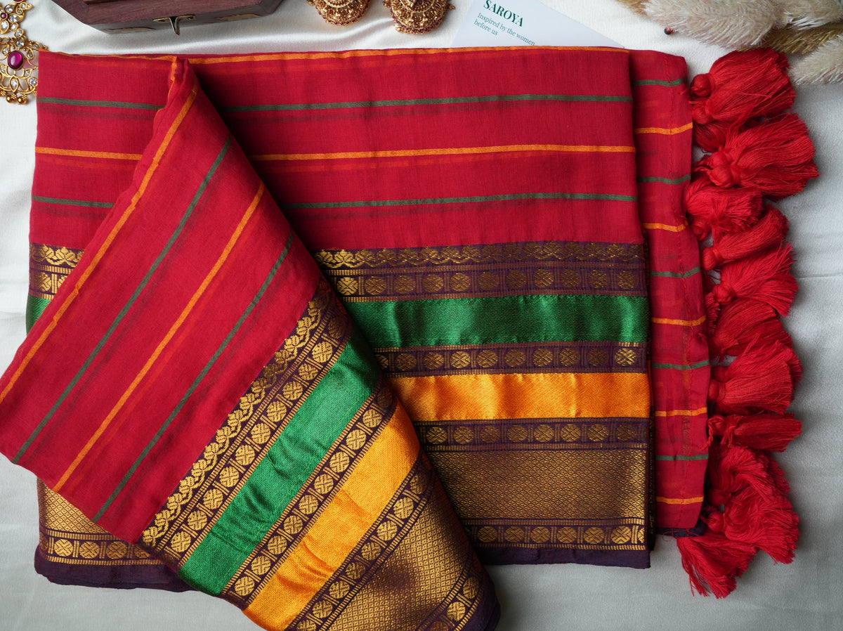 ❤️ Crimson Red Striped Premium Mul Cotton Saree | Temple Zari Border by Saroya ✨🥻💛 - SAROYA
