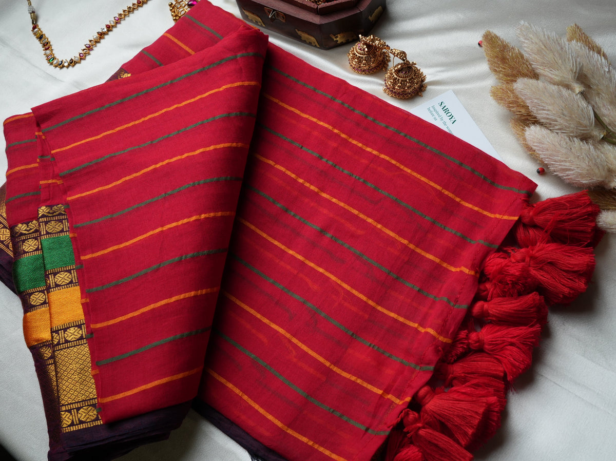 ❤️ Crimson Red Striped Premium Mul Cotton Saree | Temple Zari Border by Saroya ✨🥻💛 - SAROYA