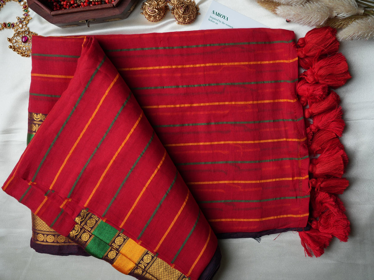 ❤️ Crimson Red Striped Premium Mul Cotton Saree | Temple Zari Border by Saroya ✨🥻💛 - SAROYA