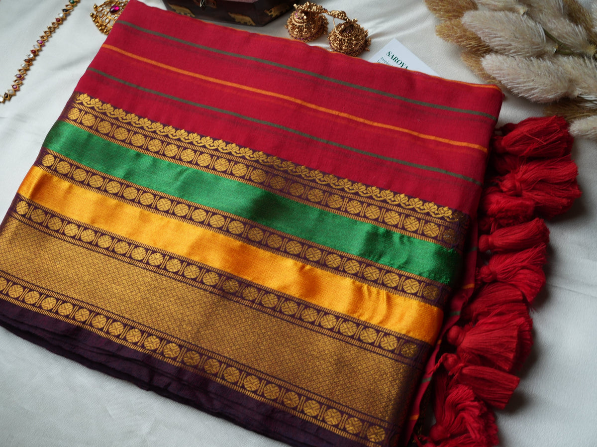 ❤️ Crimson Red Striped Premium Mul Cotton Saree | Temple Zari Border by Saroya ✨🥻💛 - SAROYA