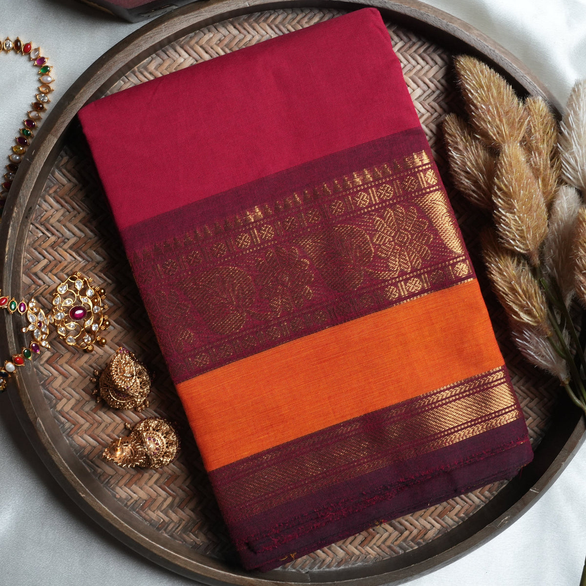 Crimson & Sunset Orange Kanchi Cotton Saree with Royal Paisley Borders - SAROYA