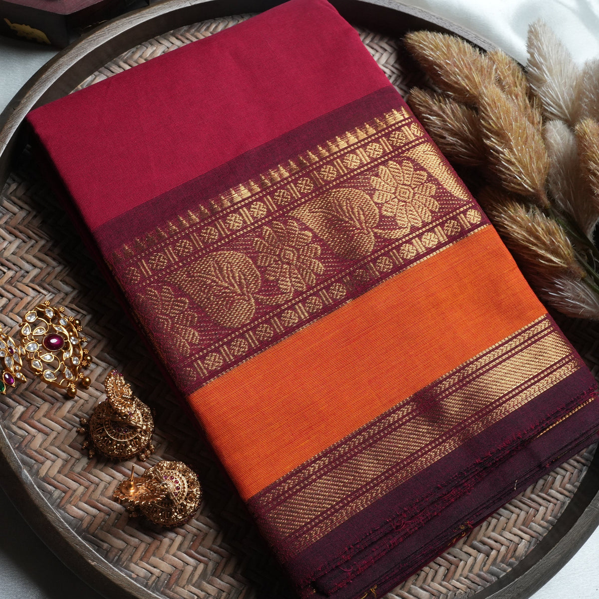 Crimson & Sunset Orange Kanchi Cotton Saree with Royal Paisley Borders - SAROYA