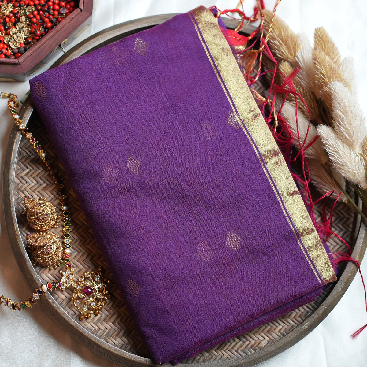 💜 Deep Royal Purple Pure Maheshwari Cotton Saree with Geometric Zari Border & Diamond Boottis ✨🥻 - SAROYA