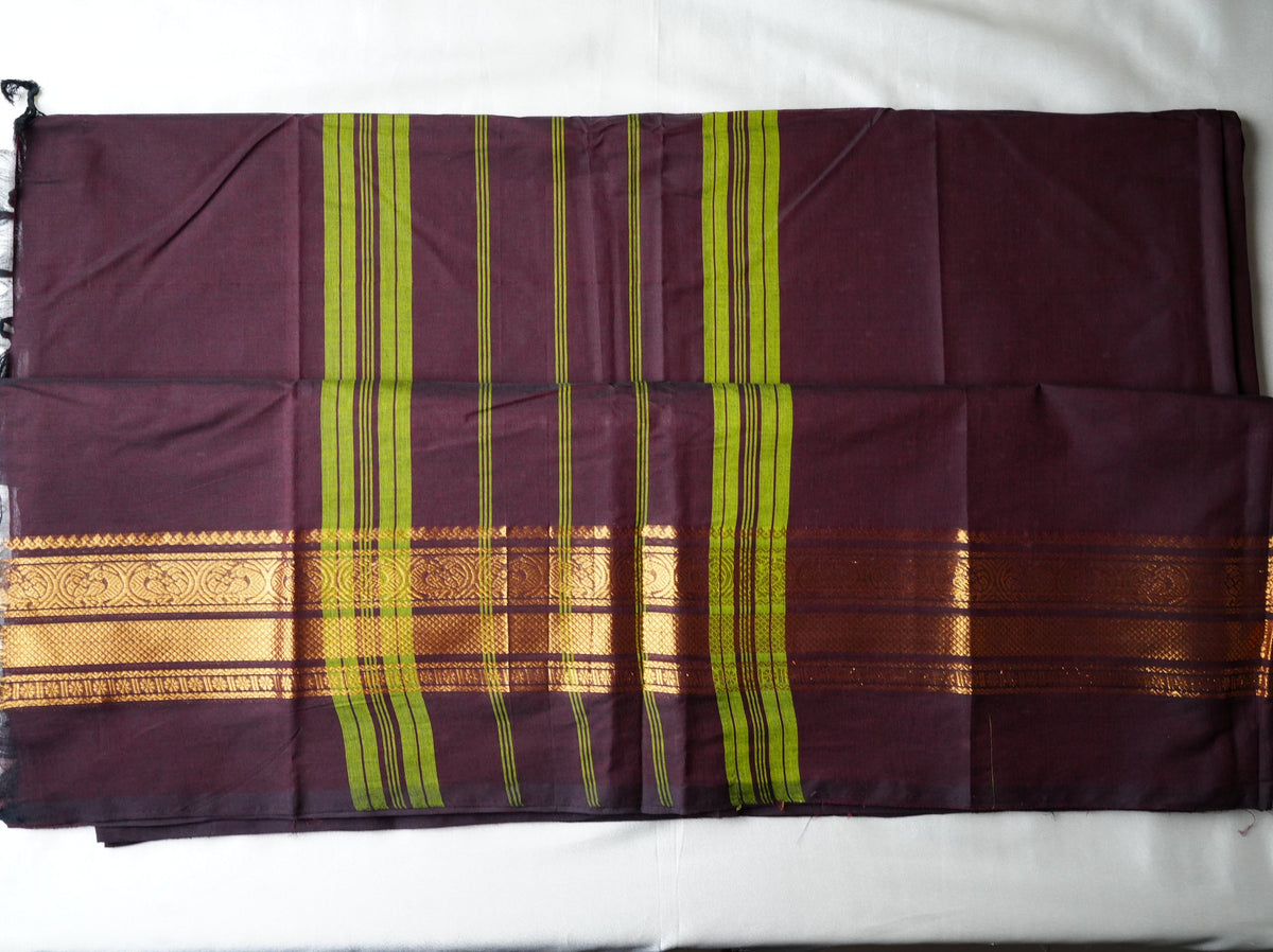 🍇 Deep Wine Pure Kanchi Cotton Saree with Golden Zari Border & Lime Green Pallu Lines ✨🥻 - SAROYA