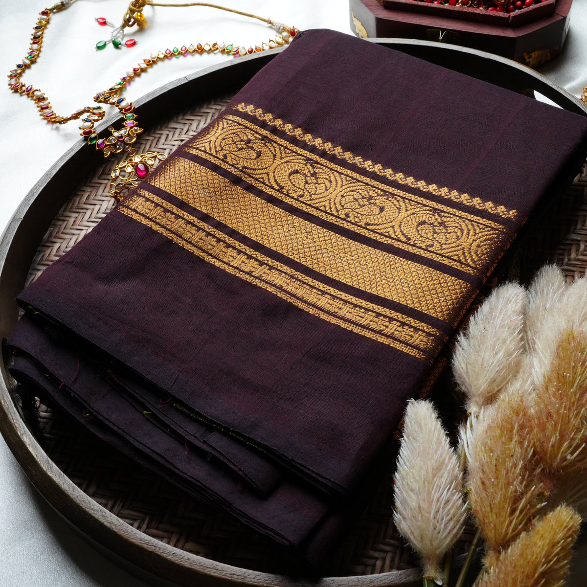 🍇 Deep Wine Pure Kanchi Cotton Saree with Golden Zari Border & Lime Green Pallu Lines ✨🥻 - SAROYA