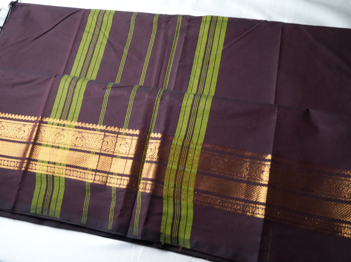 🍇 Deep Wine Pure Kanchi Cotton Saree with Golden Zari Border & Lime Green Pallu Lines ✨🥻 - SAROYA