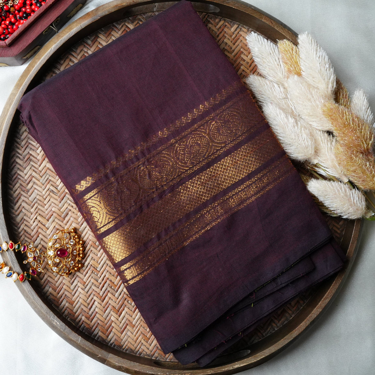 🍇 Deep Wine Pure Kanchi Cotton Saree with Golden Zari Border & Lime Green Pallu Lines ✨🥻 - SAROYA