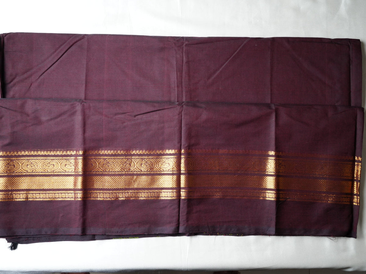 🍇 Deep Wine Pure Kanchi Cotton Saree with Golden Zari Border & Lime Green Pallu Lines ✨🥻 - SAROYA