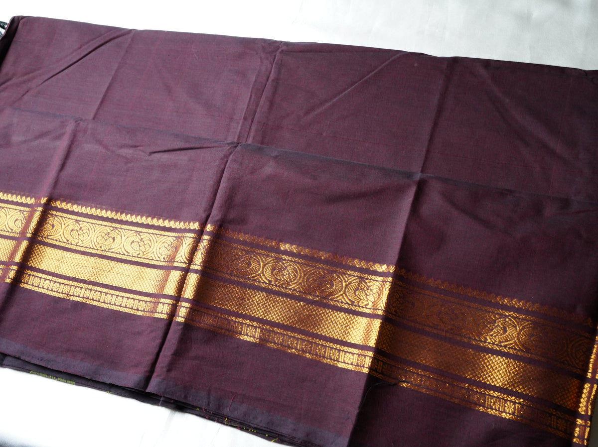 🍇 Deep Wine Pure Kanchi Cotton Saree with Golden Zari Border & Lime Green Pallu Lines ✨🥻 - SAROYA