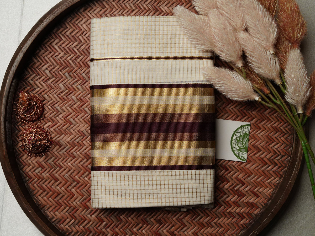 Designer Pure Cotton Set Mundu with Mustard, Brown, and Burgundy Multicolored Border - SAROYA