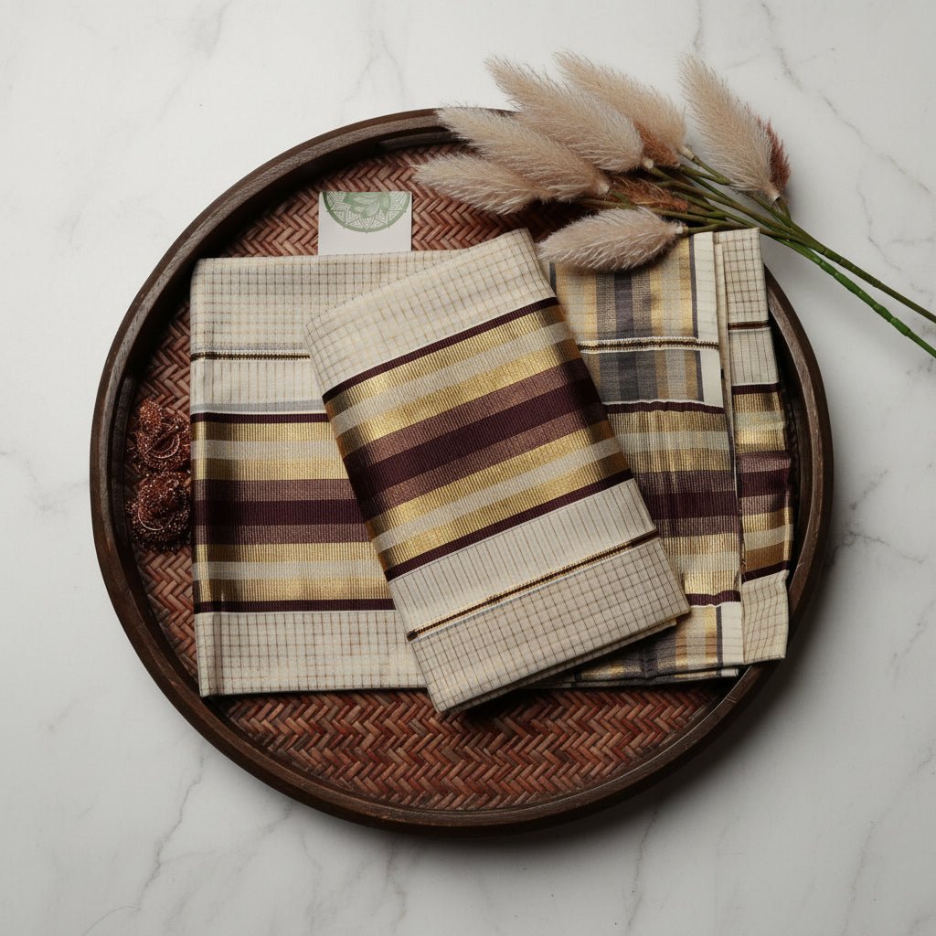 Designer Pure Cotton Set Mundu with Mustard, Brown, and Burgundy Multicolored Border - SAROYA
