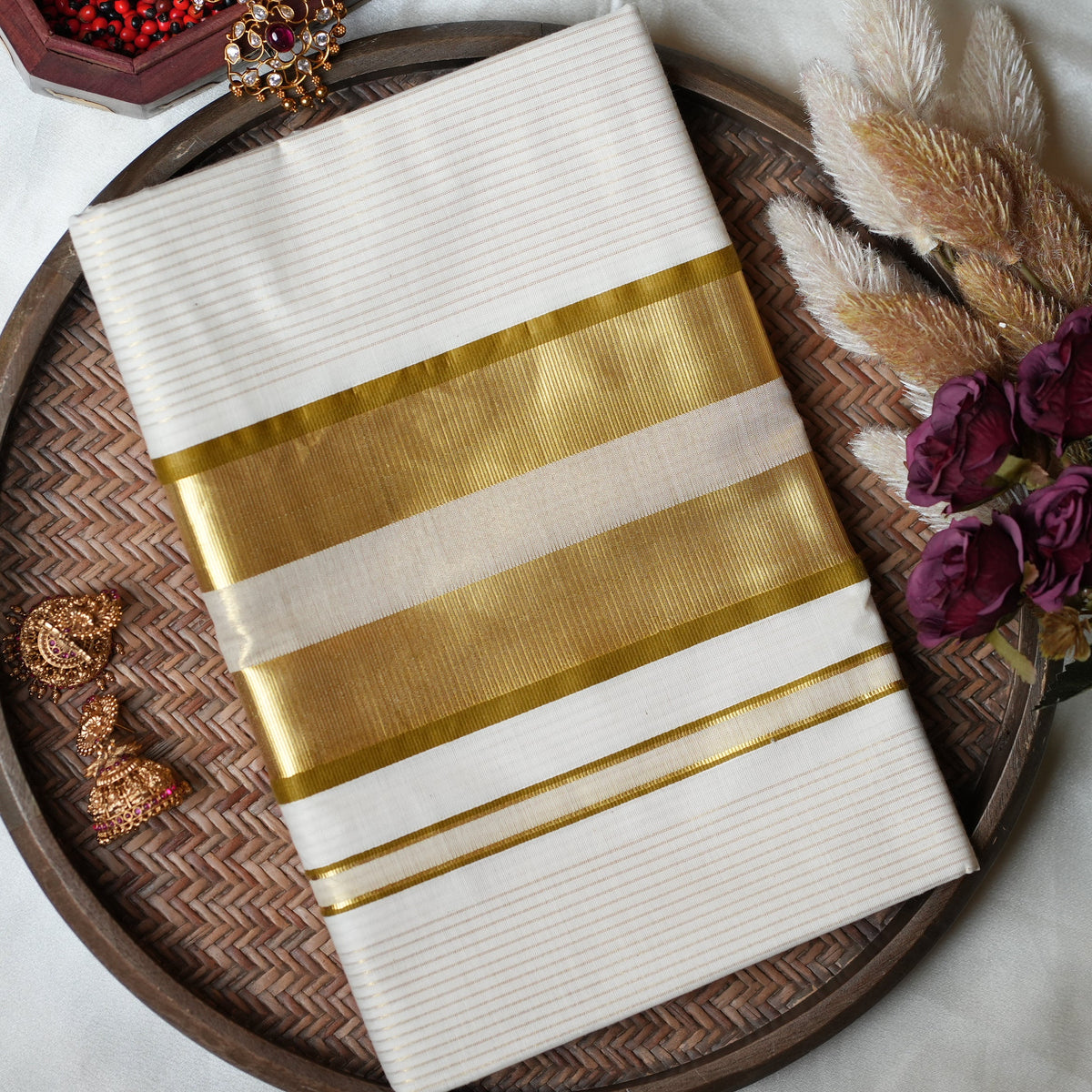 🌟 Dual Golden Kasavu Bands & Shimmering Pinstripes: Premium Cotton Kerala Saree ✨ - SAROYA