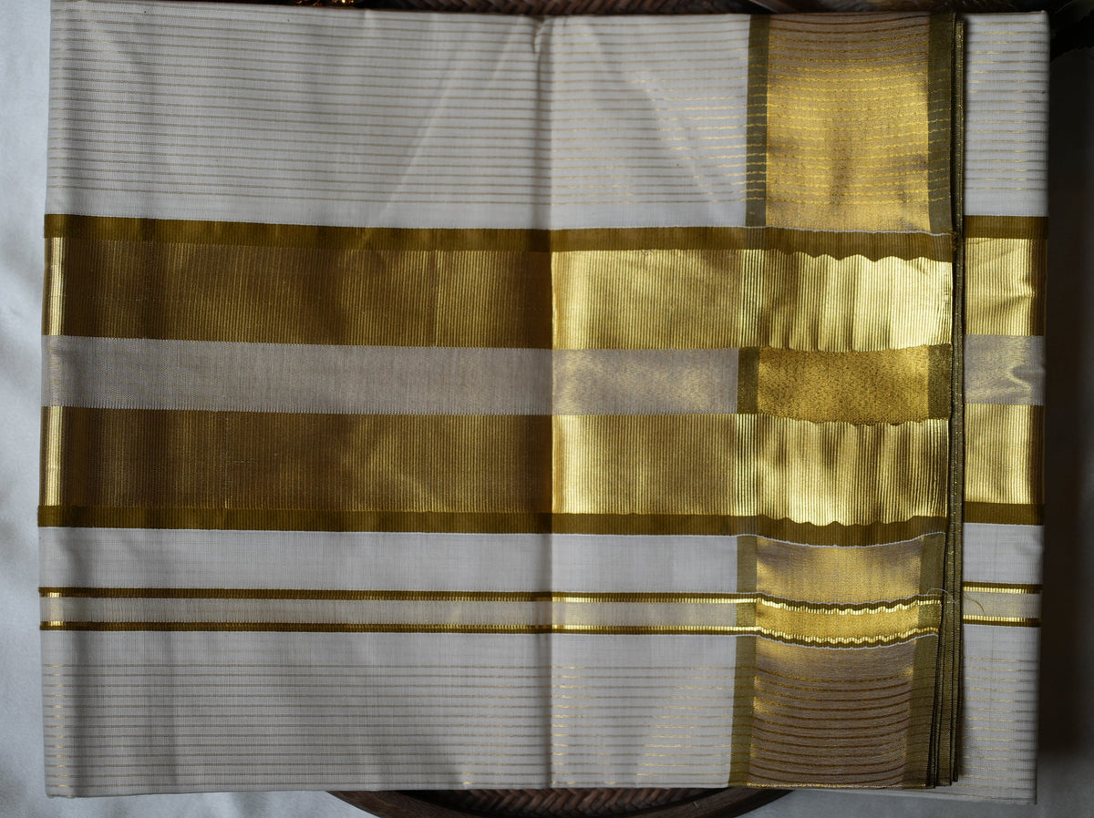 🌟 Dual Golden Kasavu Bands & Shimmering Pinstripes: Premium Cotton Kerala Saree ✨ - SAROYA