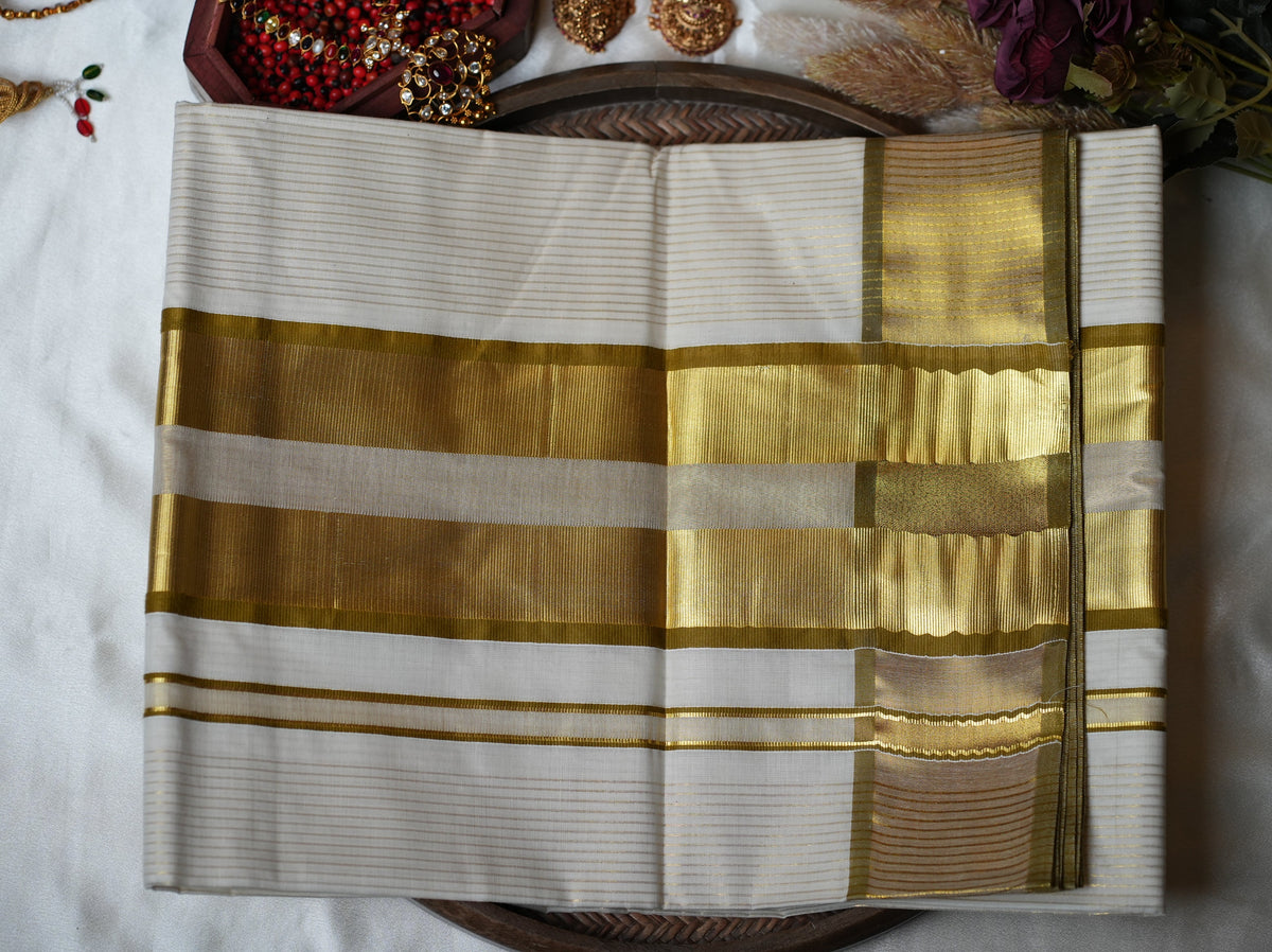 🌟 Dual Golden Kasavu Bands & Shimmering Pinstripes: Premium Cotton Kerala Saree ✨ - SAROYA