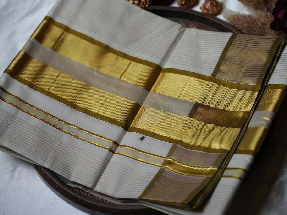🌟 Dual Golden Kasavu Bands & Shimmering Pinstripes: Premium Cotton Kerala Saree ✨ - SAROYA