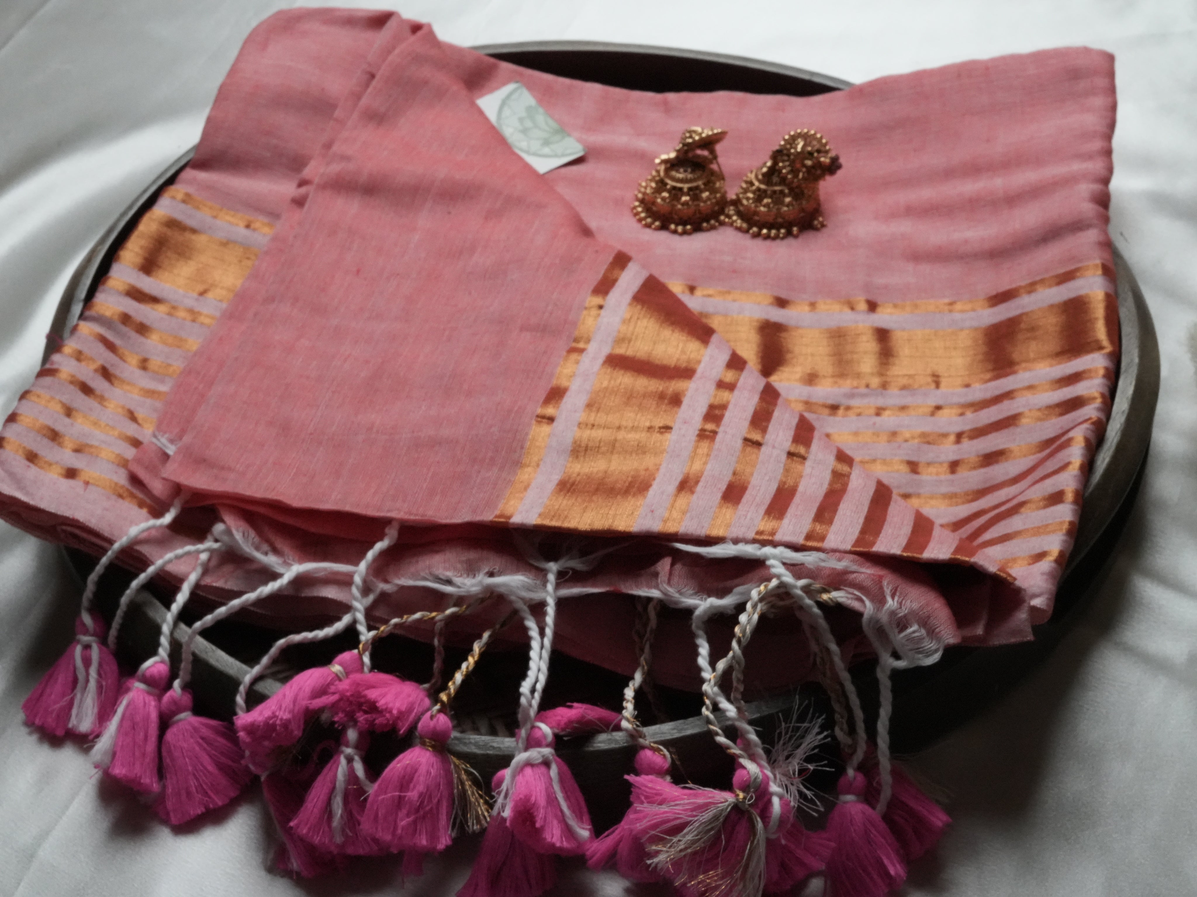 Dusty Rose & Copper Zari Block Edition Mulcotton Saree 🌸 - SAROYA