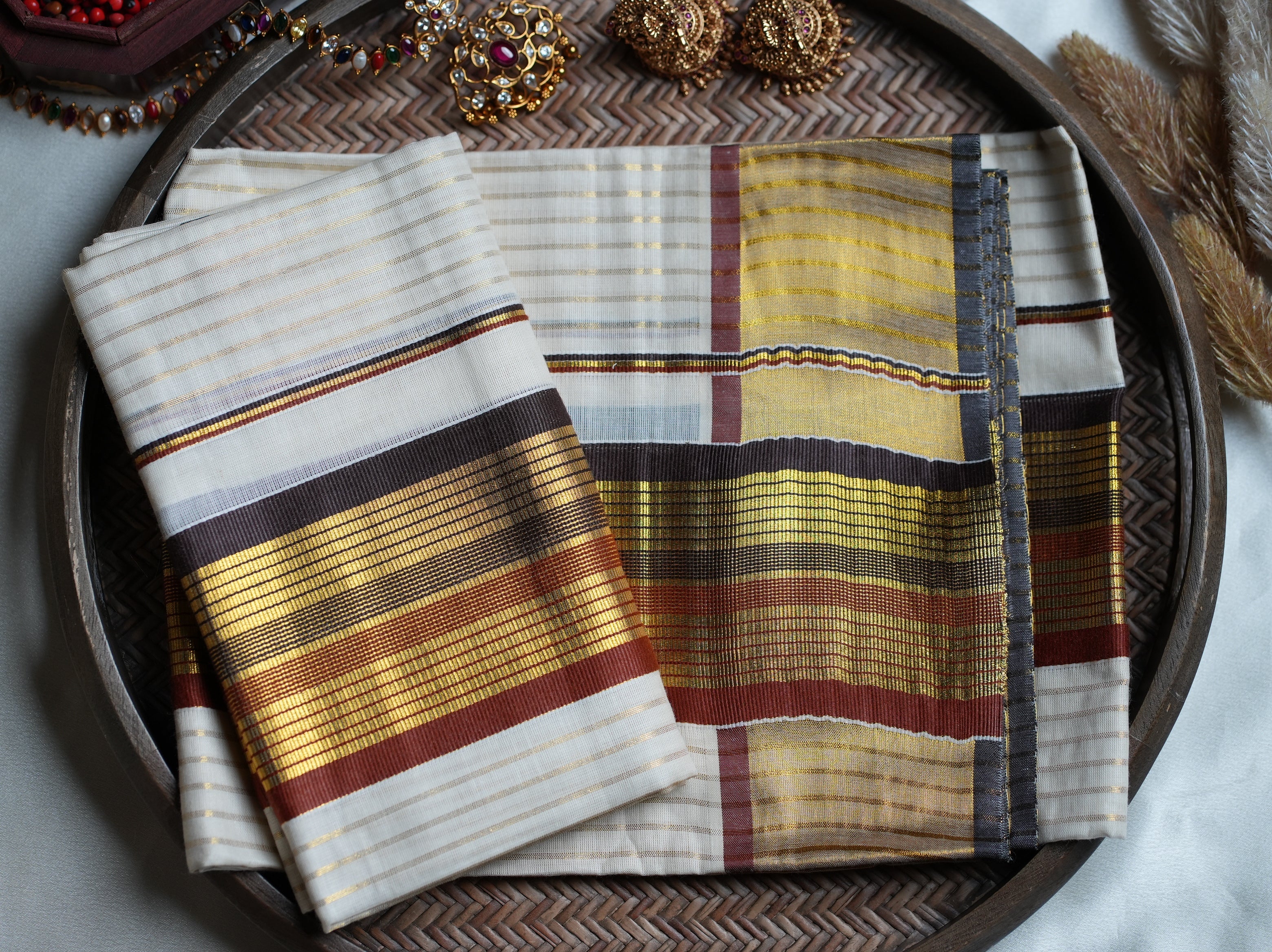 🍂 Earthy Multicolored & Gold Cotton Kerala Single Set Mundu ✨ - SAROYA
