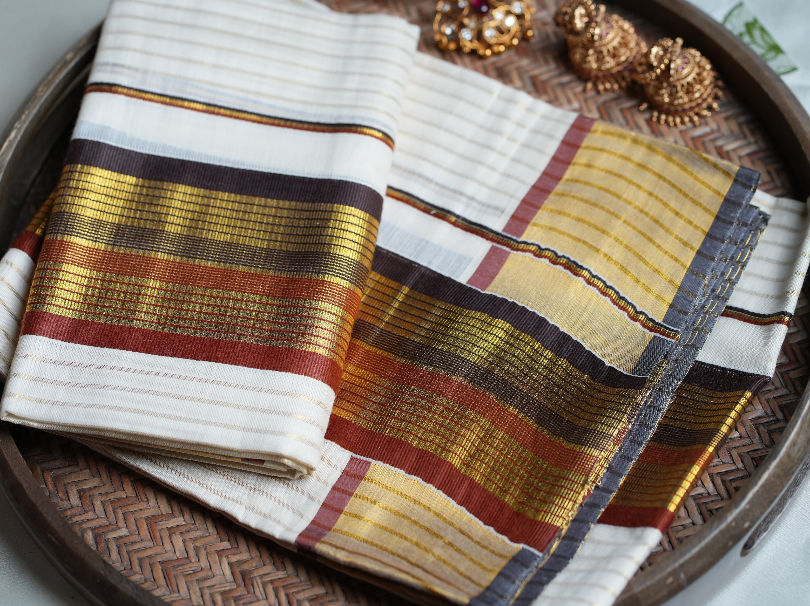 🍂 Earthy Multicolored & Gold Cotton Kerala Single Set Mundu ✨ - SAROYA