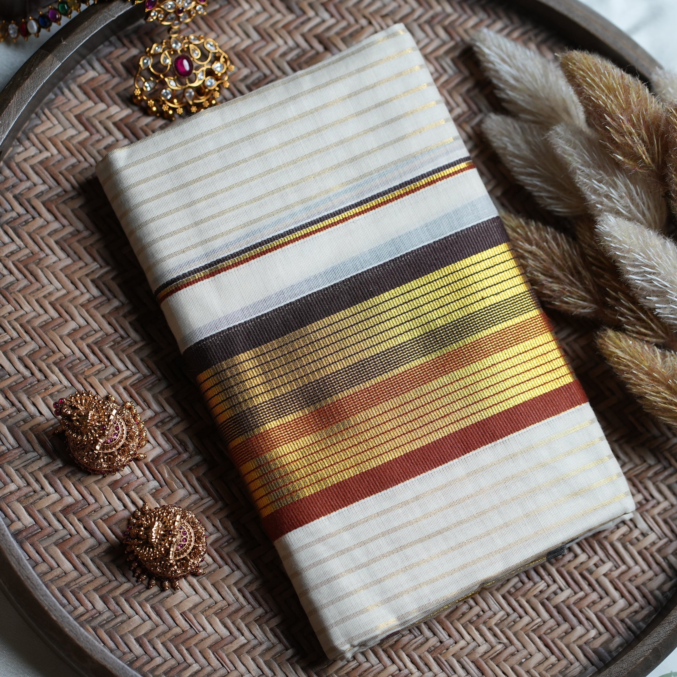 🍂 Earthy Multicolored & Gold Cotton Kerala Single Set Mundu ✨ - SAROYA