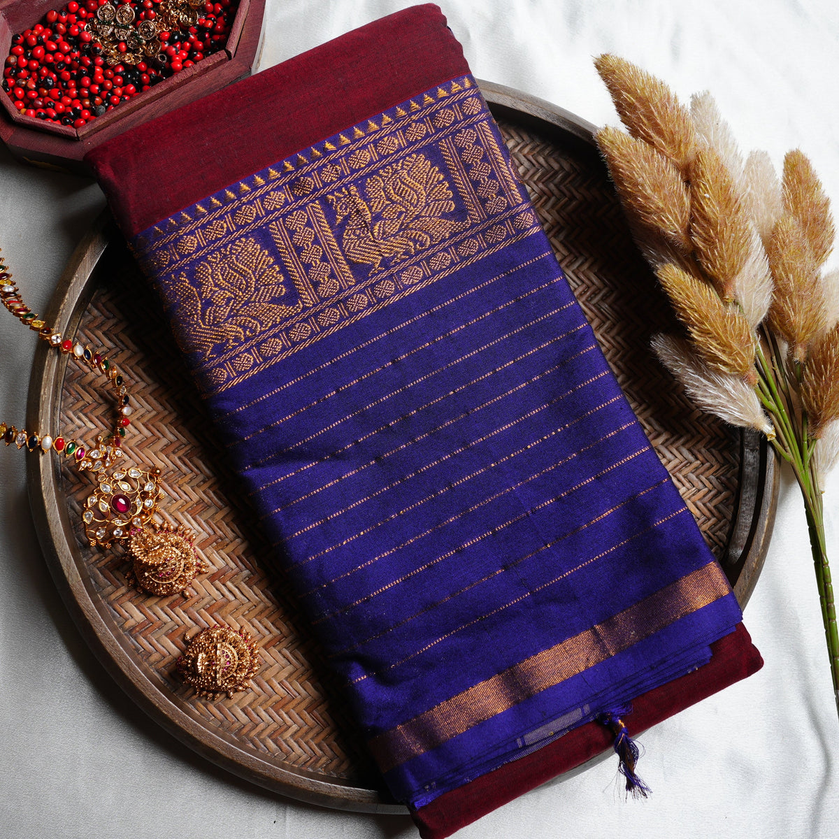 Earthy Terracotta Narayanpeth Cotton Saree with Traditional Rudraksha Border - SAROYA