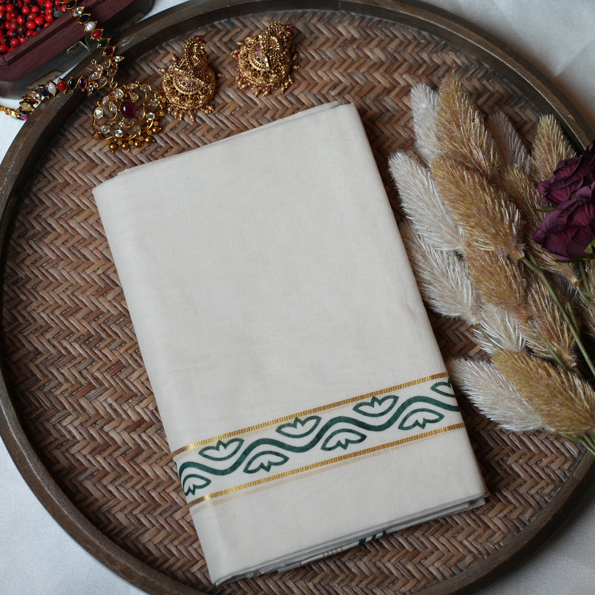 🌿 Elegant Forest Green Vine & Gold Cotton Kerala Single Set Mundu ✨ - SAROYA
