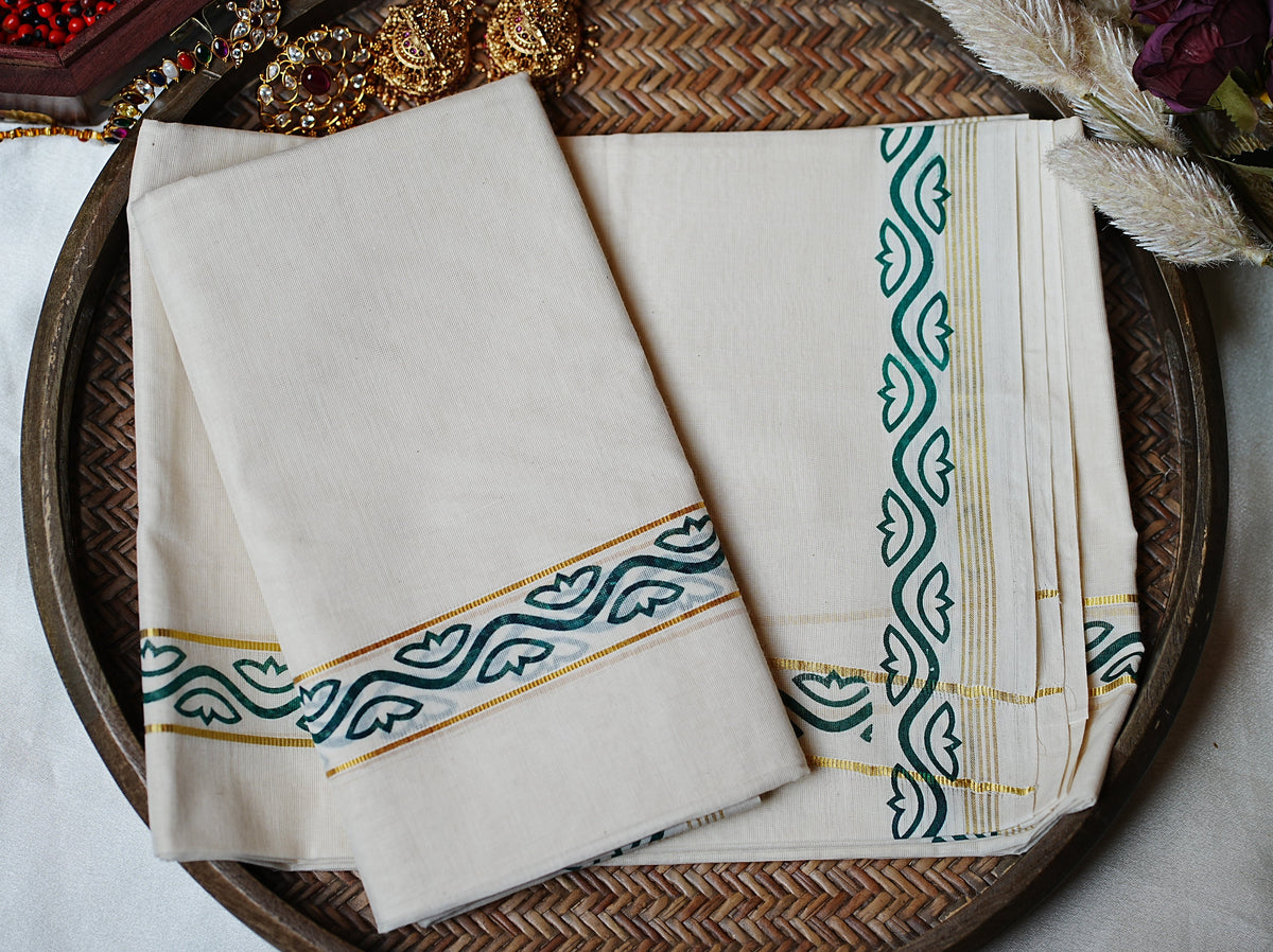 🌿 Elegant Forest Green Vine & Gold Cotton Kerala Single Set Mundu ✨ - SAROYA
