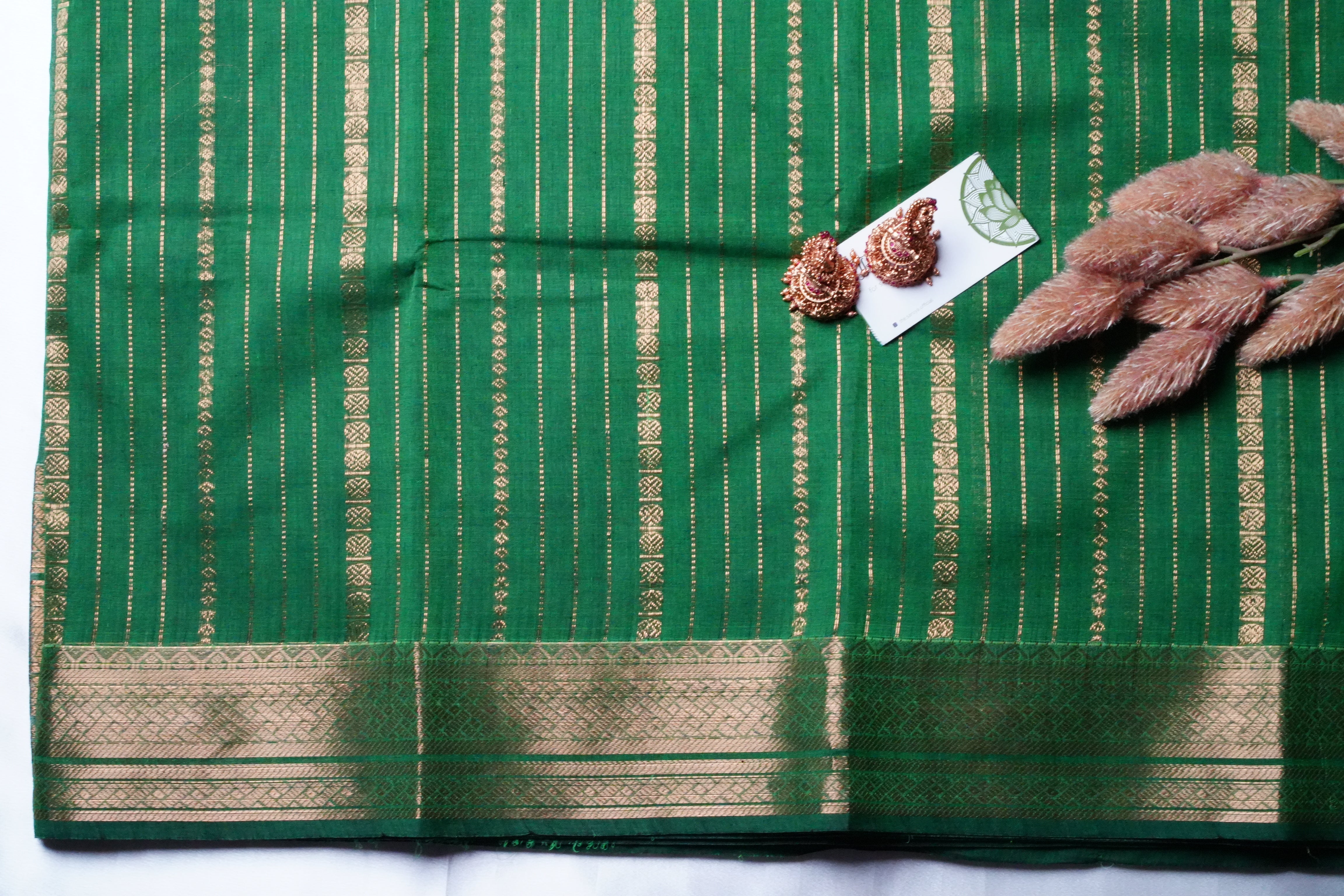 Emerald Elegance: Handloom Kanchi Cotton Saree - SAROYA