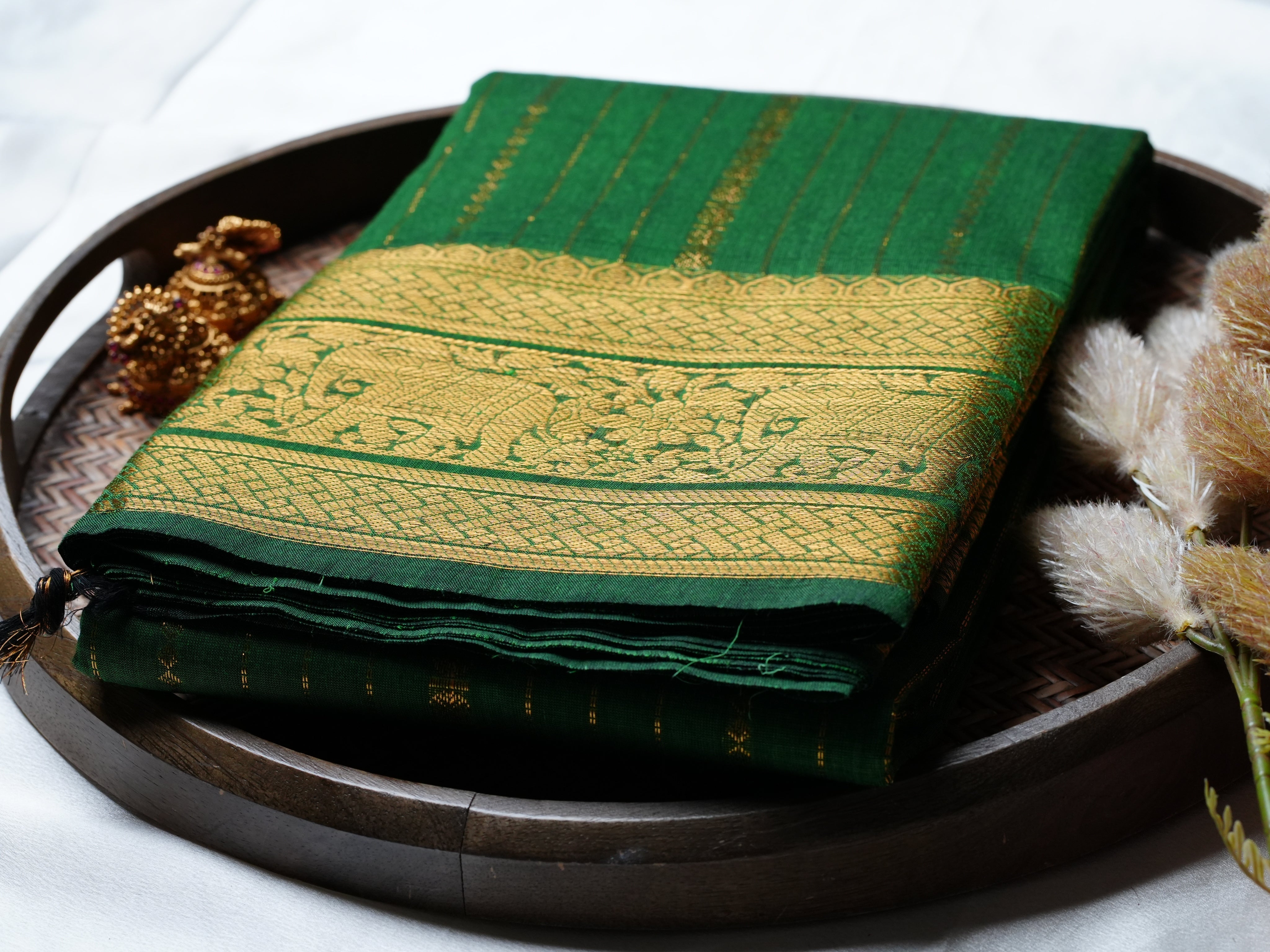 Emerald Elegance: Handloom Kanchi Cotton Saree - SAROYA
