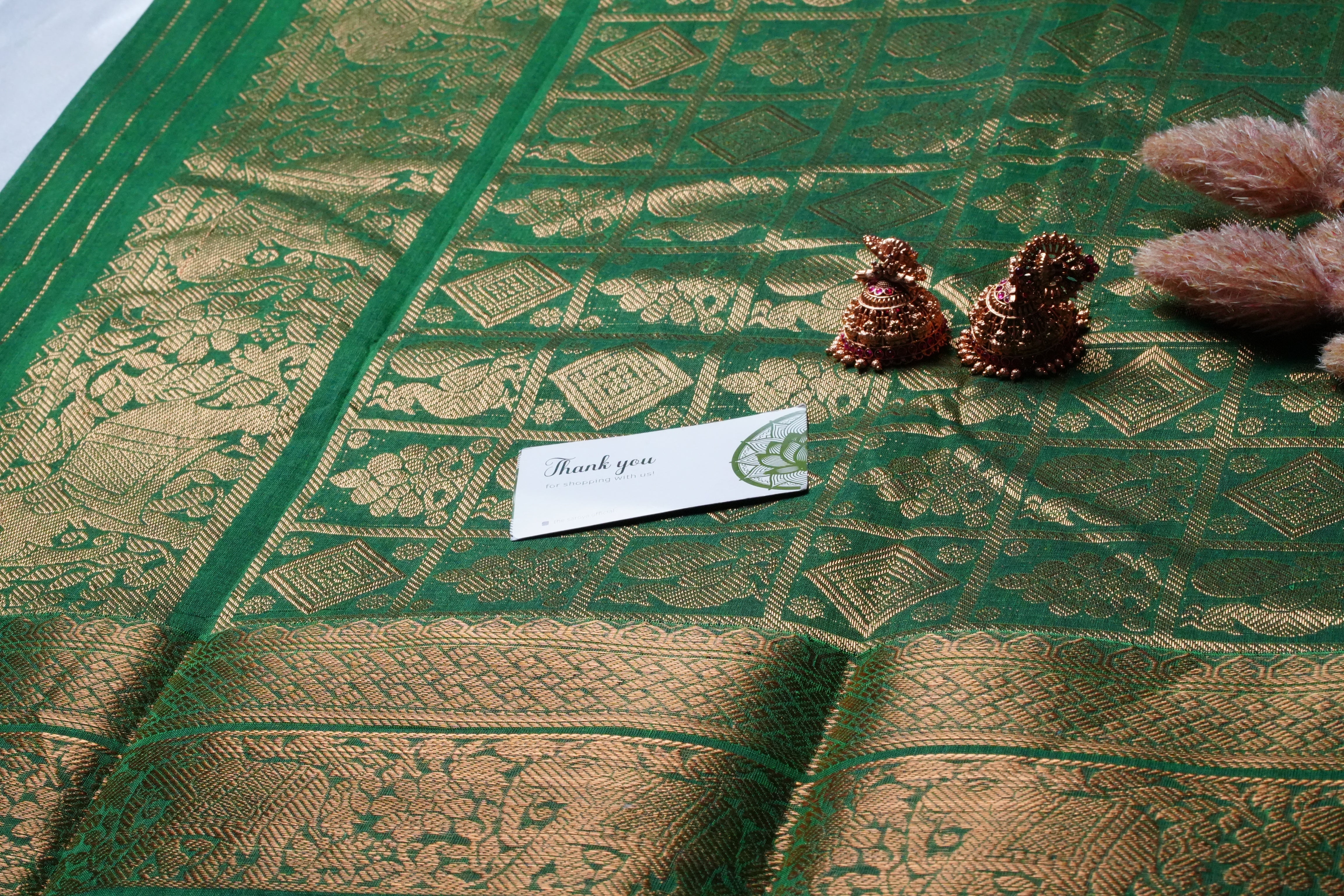 Emerald Elegance: Handloom Kanchi Cotton Saree - SAROYA