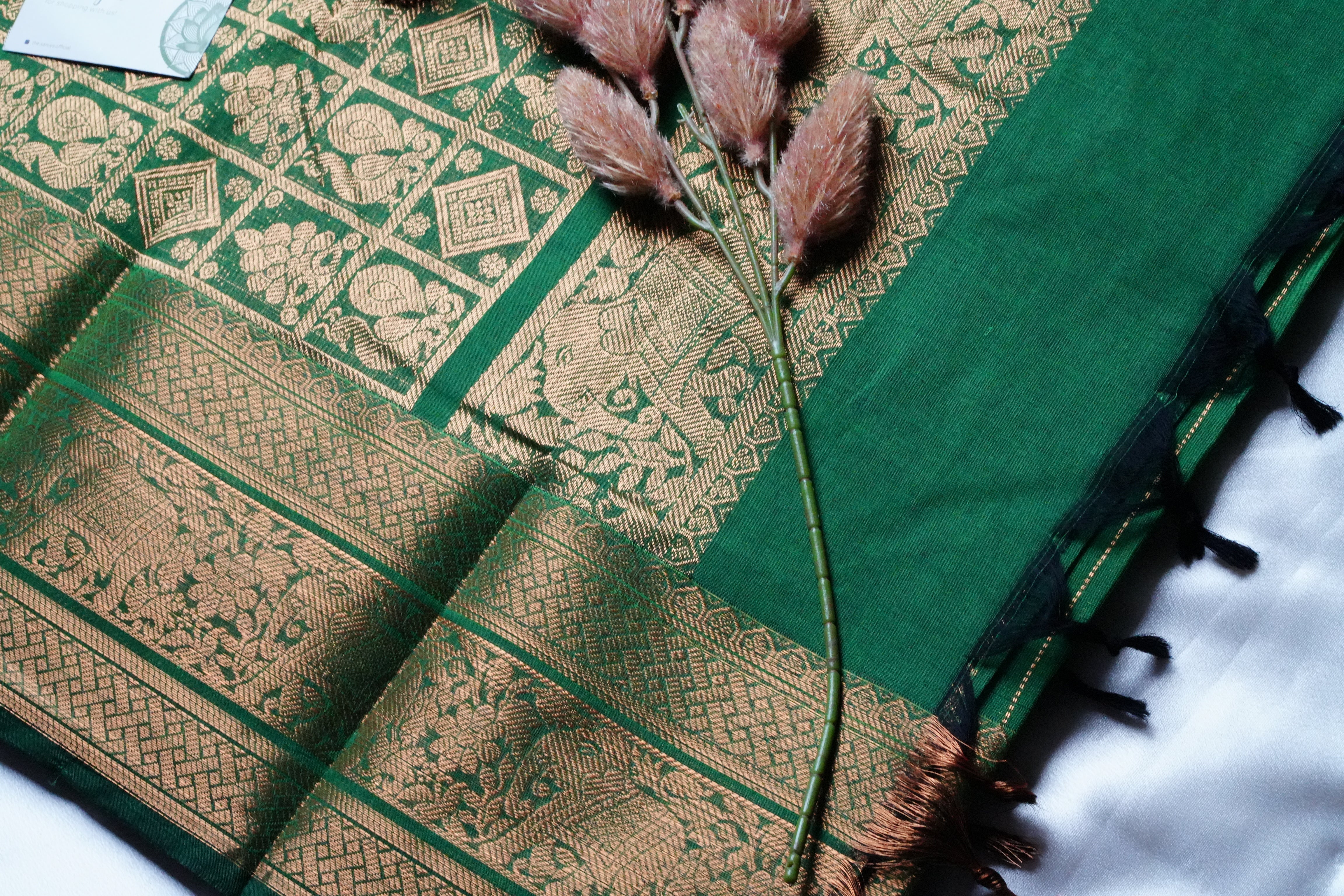 Emerald Elegance: Handloom Kanchi Cotton Saree - SAROYA