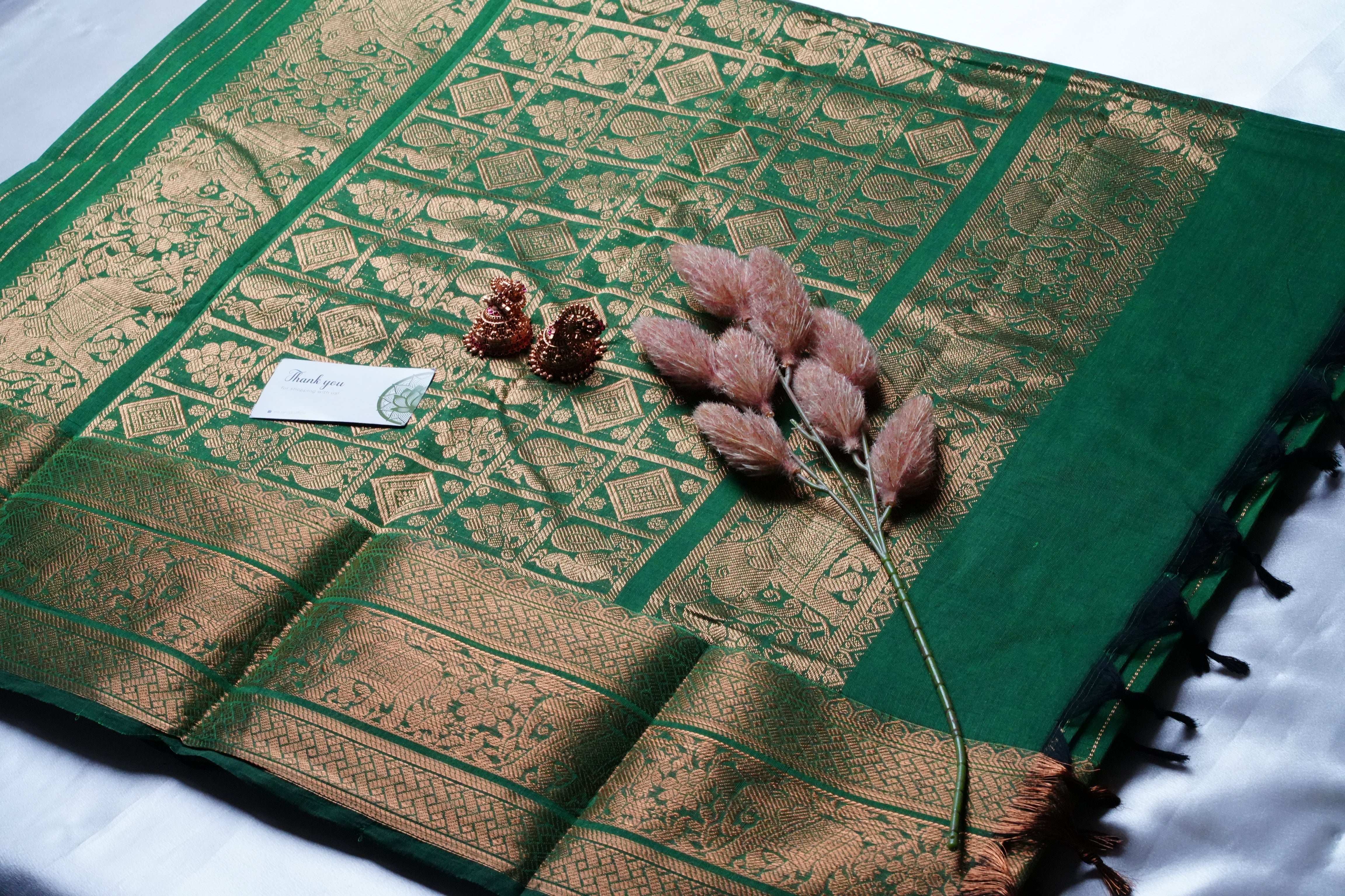 Emerald Elegance: Handloom Kanchi Cotton Saree - SAROYA