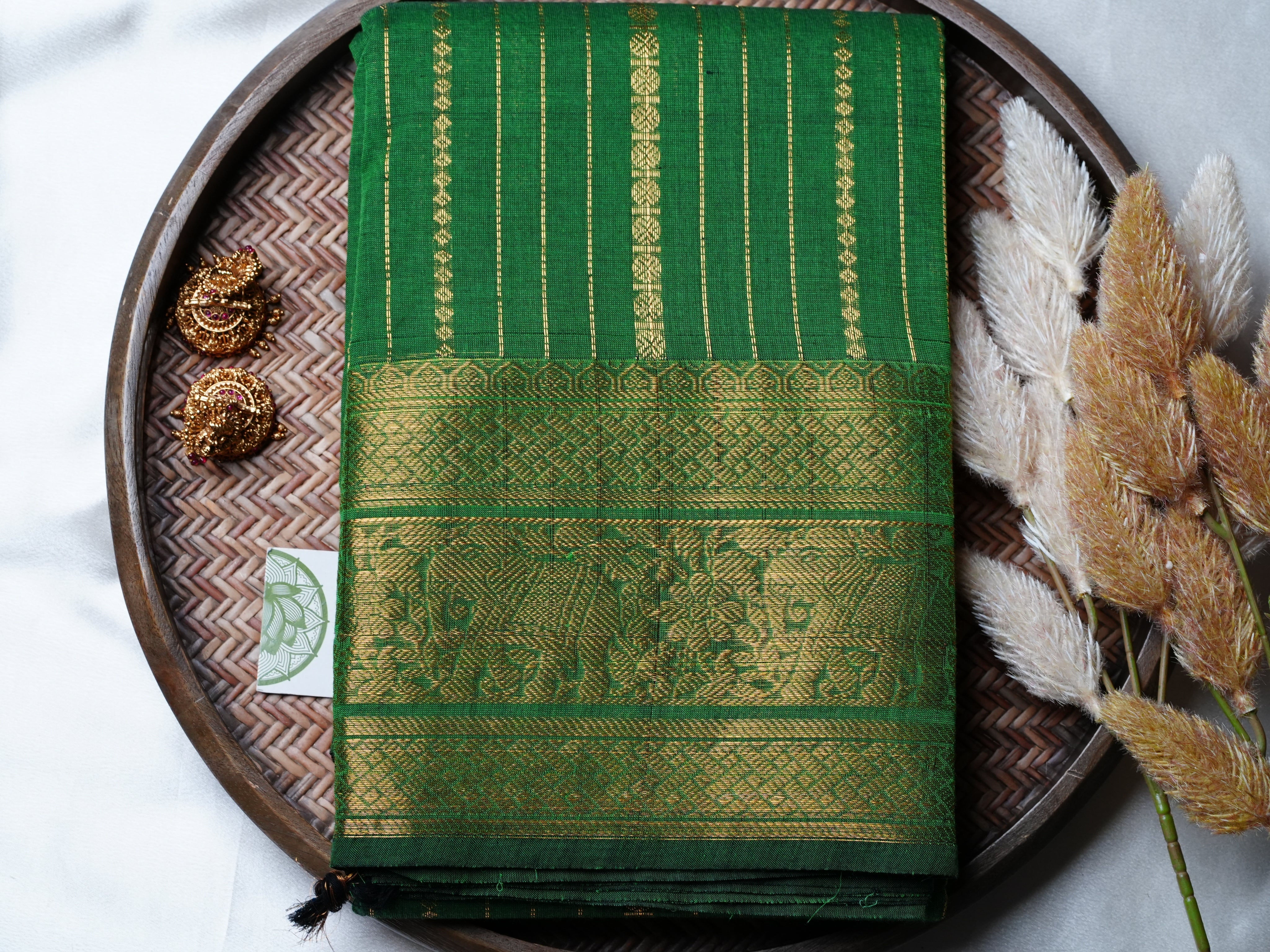 Emerald Elegance: Handloom Kanchi Cotton Saree - SAROYA